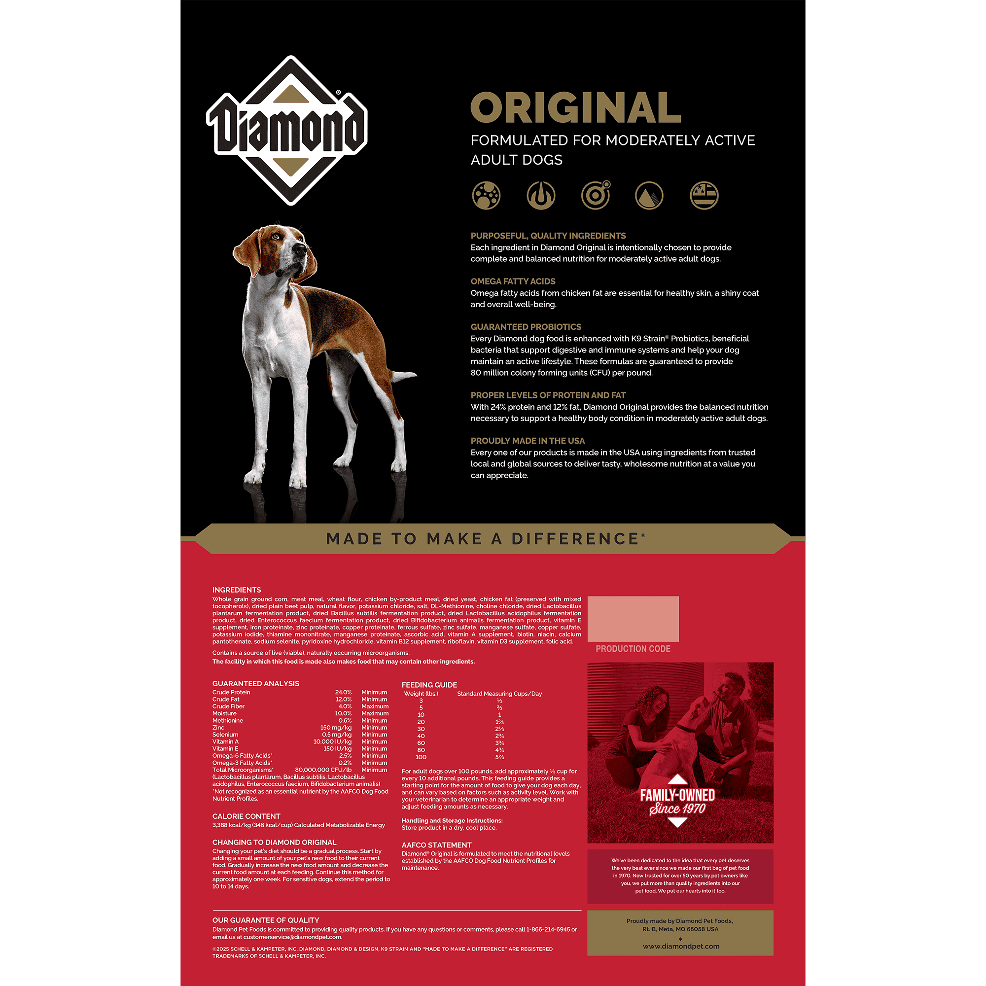 The back of a bag of Diamond Original Formula for dogs.