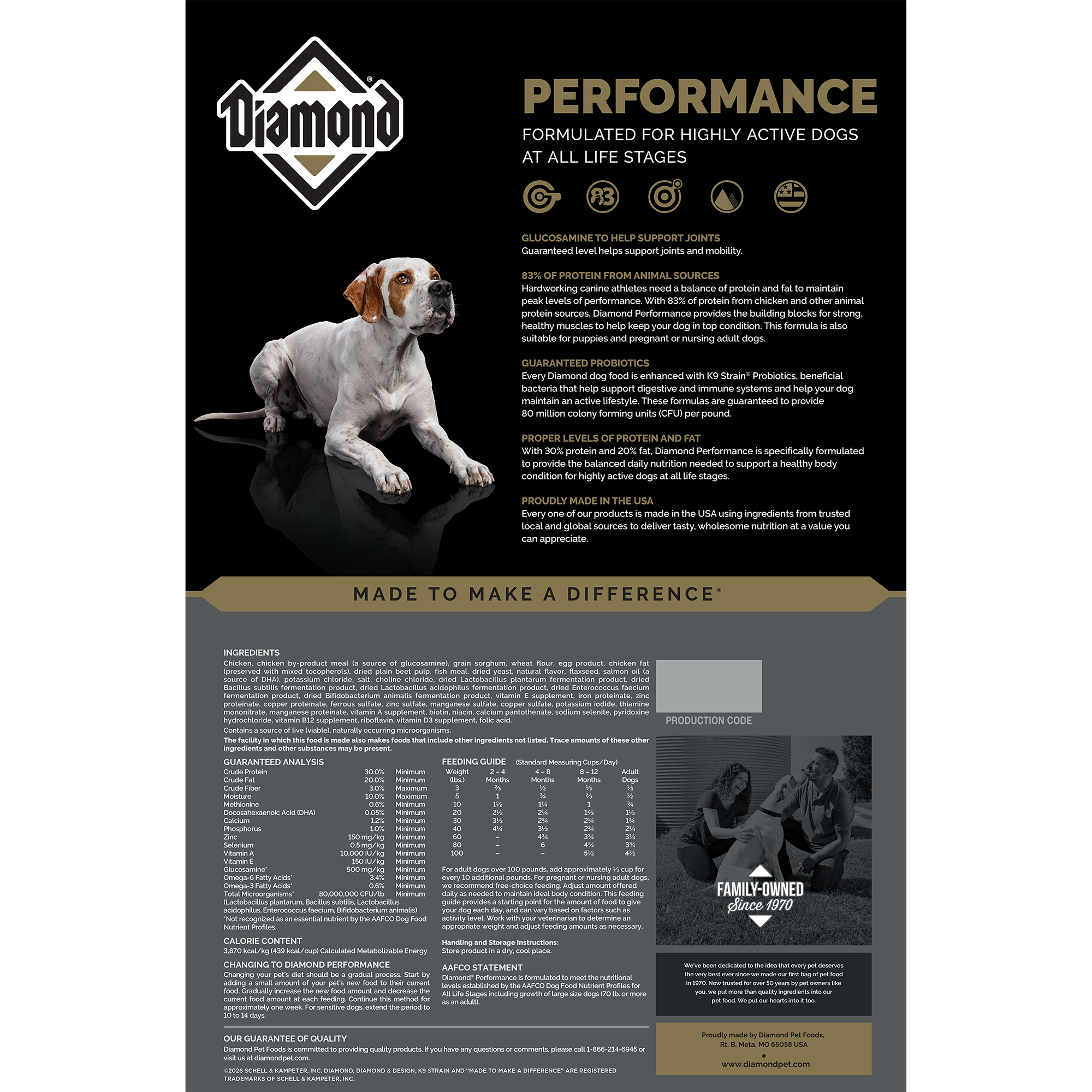 The back of a bag of Diamond Performance Formula for dogs.