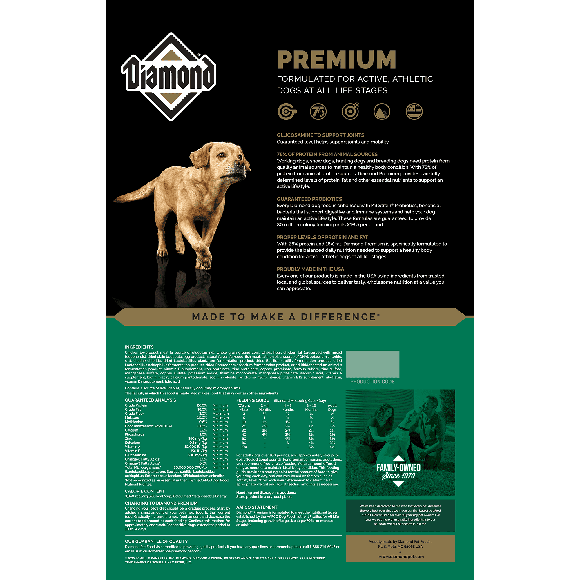 The back of a bag of Diamond Premium Formula for dogs.