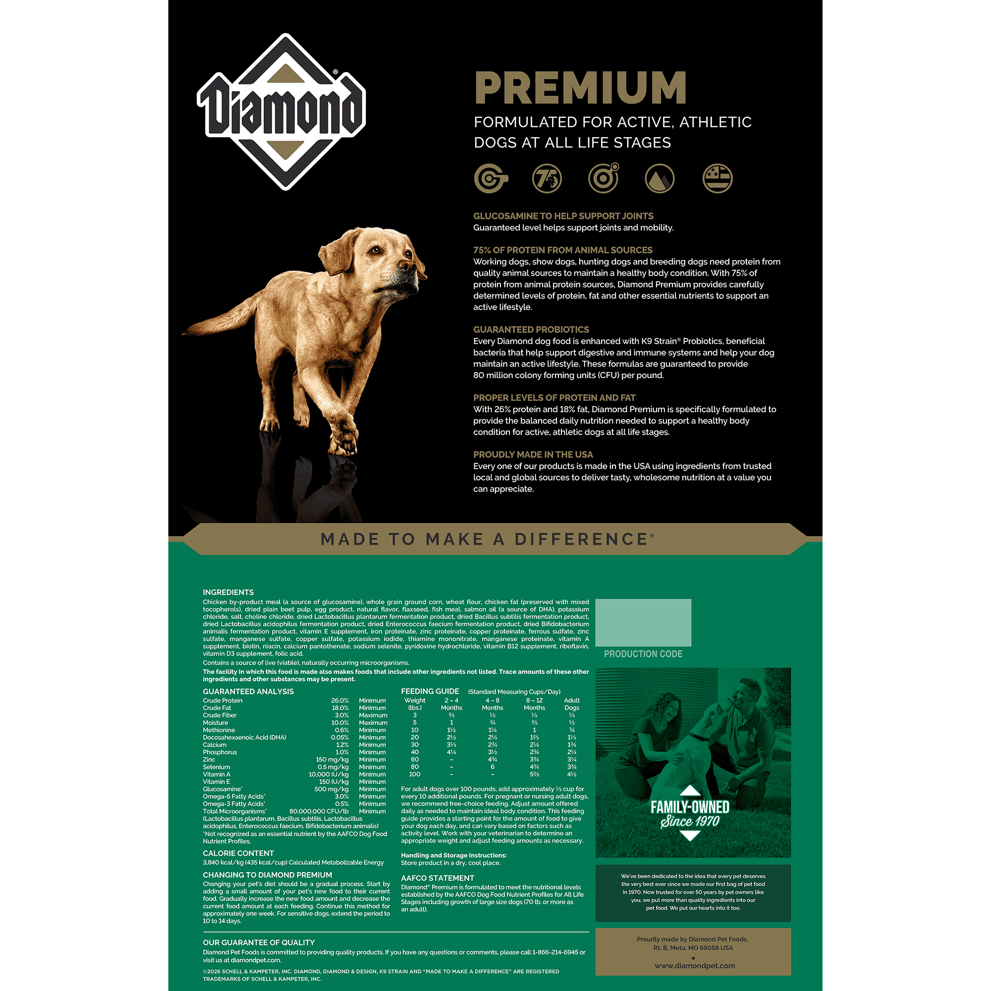 The back of a bag of Diamond Premium Formula for dogs.