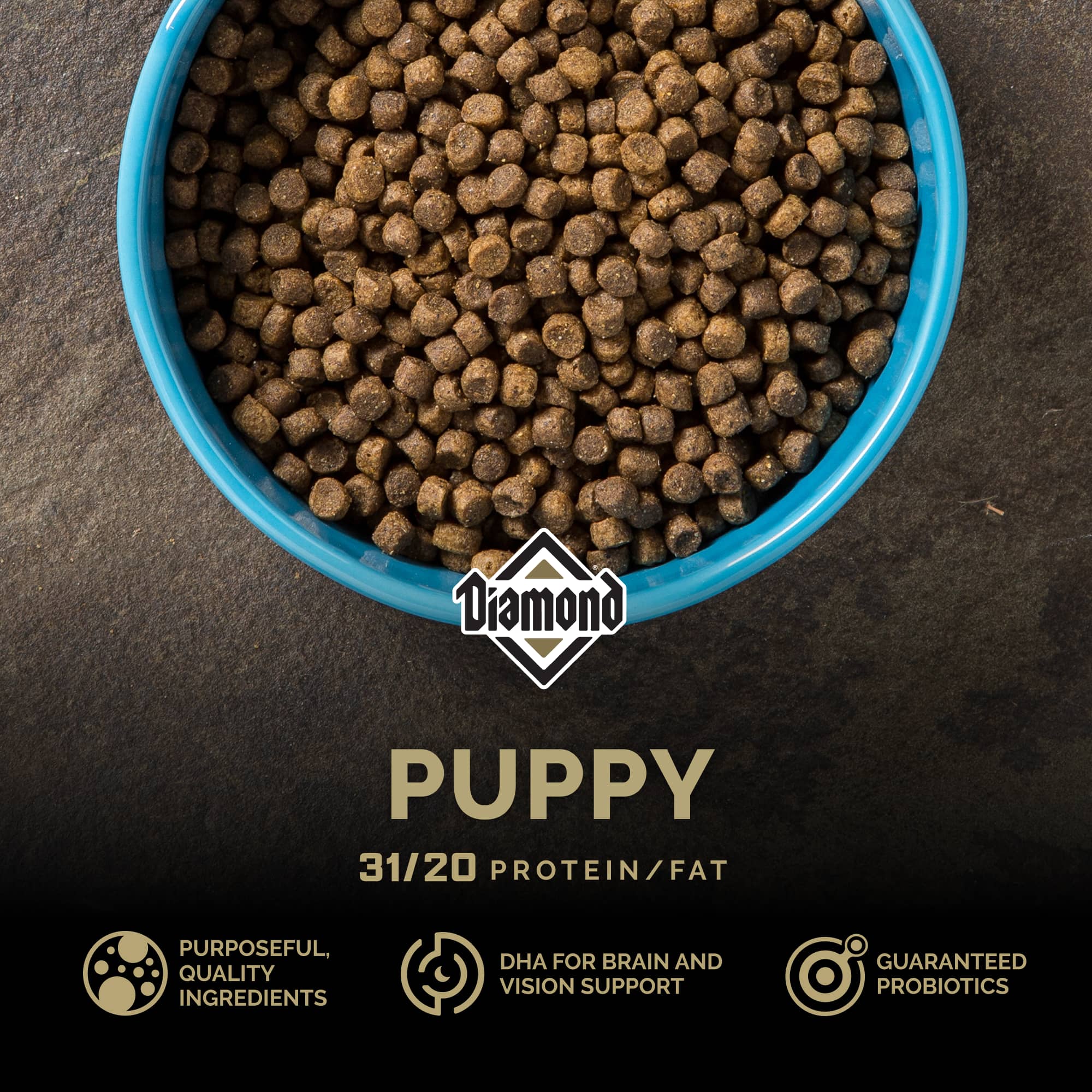 A blue ceramic bowl filled with Diamond Puppy kibble.