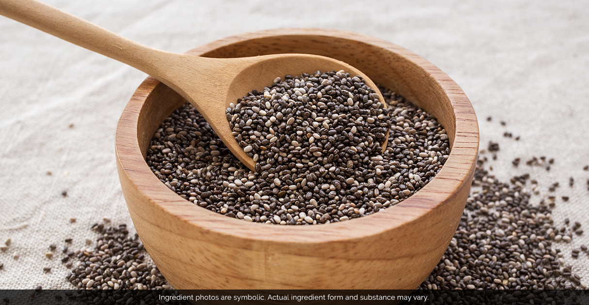A wooden bowl full of chia seeds with a wooden spoon in the bowl.