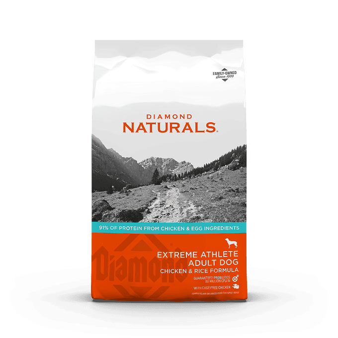 The front of a bag of Diamond Naturals Extreme Athlete Adult Dog Chicken & Rice formula.