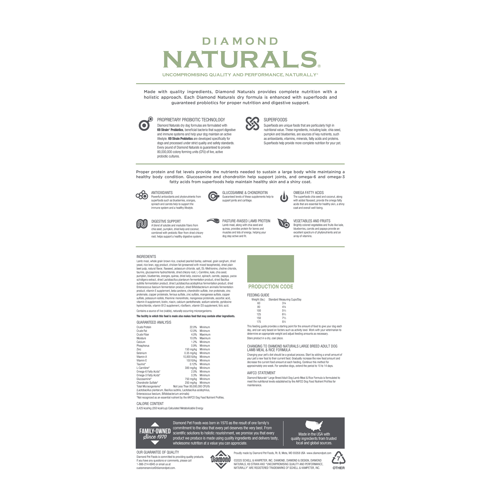 The back of a bag of Diamond Naturals Large Breed Adult Dog Lamb Meal & Rice Formula.