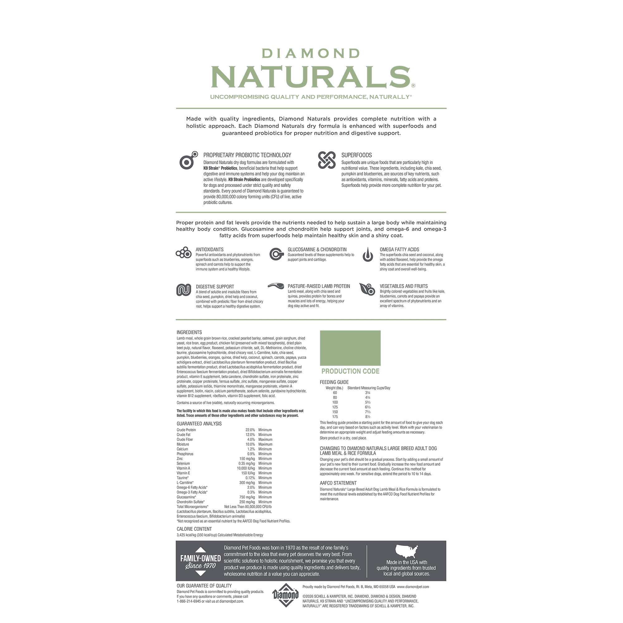The back of a bag of Diamond Naturals Large Breed Adult Dog Lamb Meal & Rice Formula.