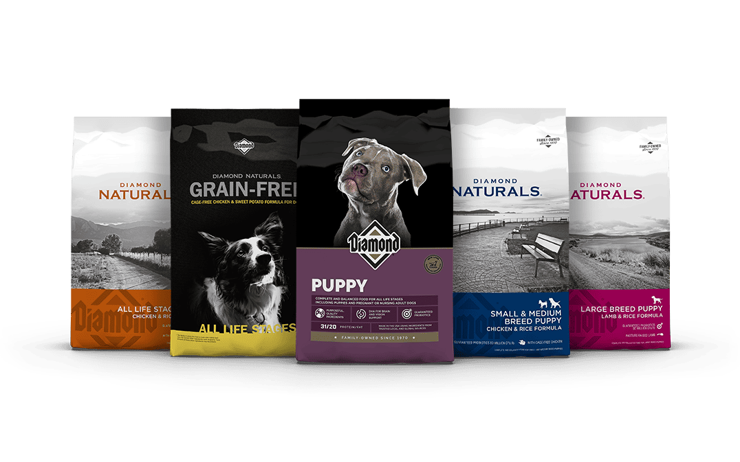 Five Diamond puppy product bags side by side.