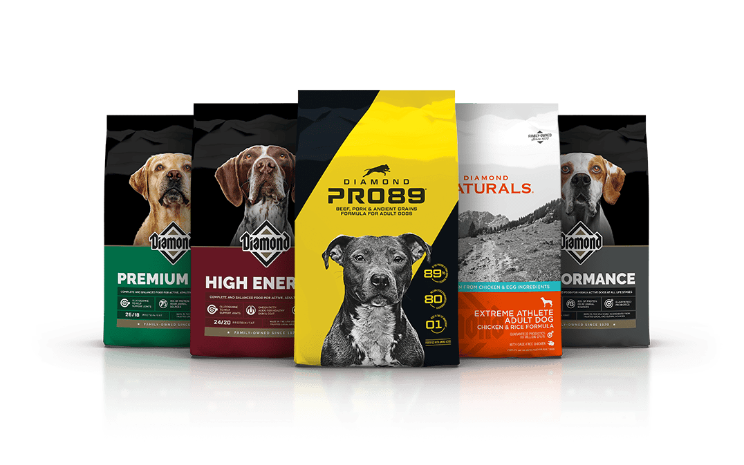 An assortment of Diamond Pet Foods Performance Dog formula bags.