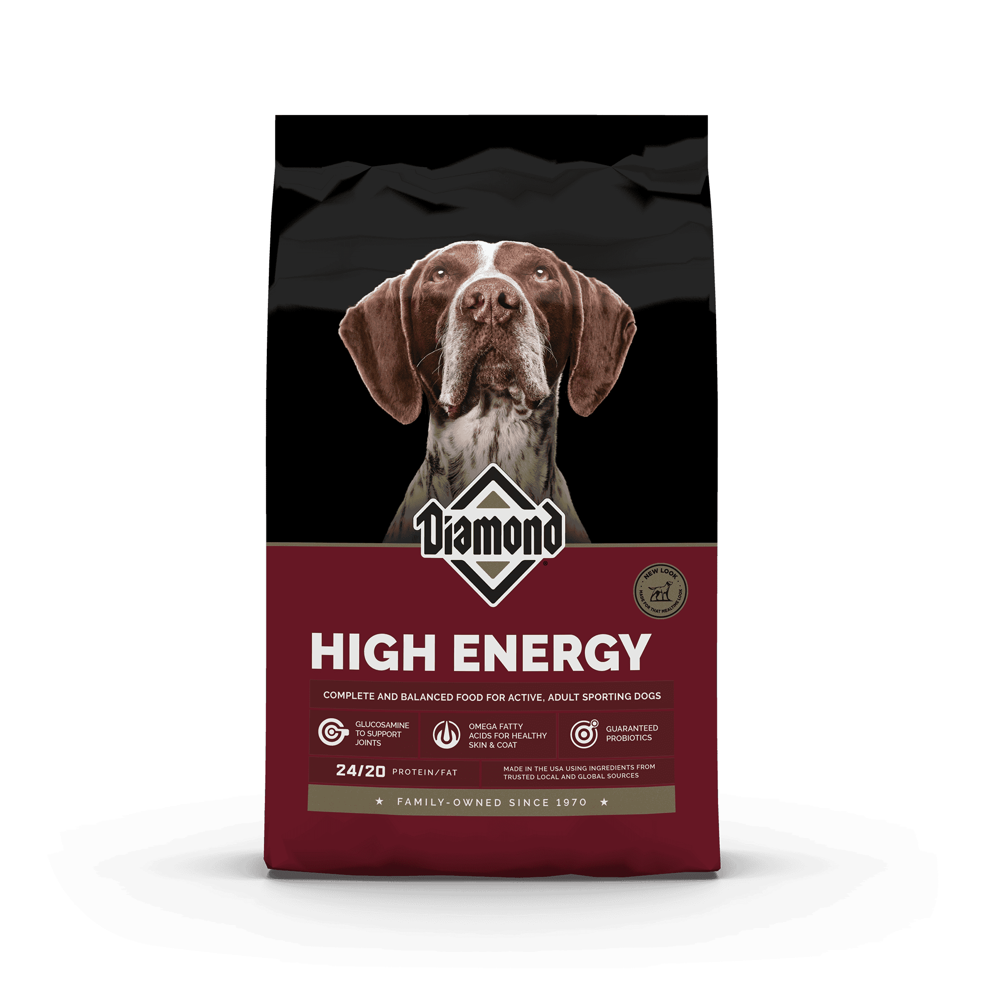 The front of a bag of Diamond High Energy Formula for dogs.