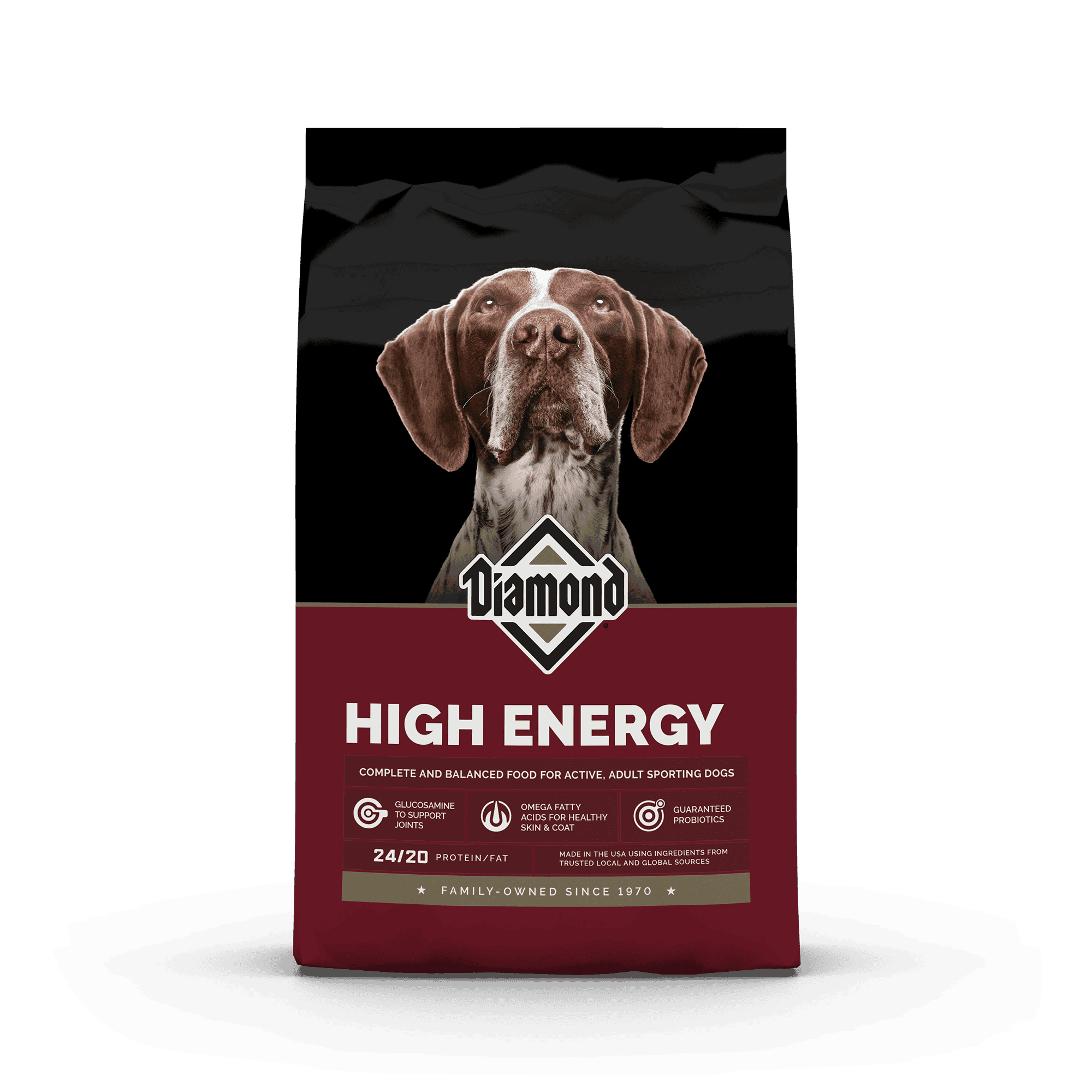 The front of a bag of Diamond High Energy Formula for dogs.
