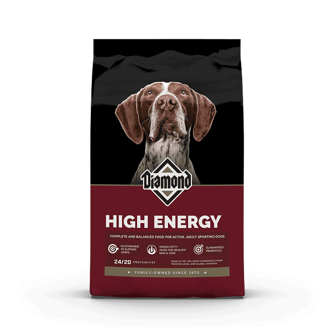 The front of a bag of Diamond High Energy Formula for dogs.