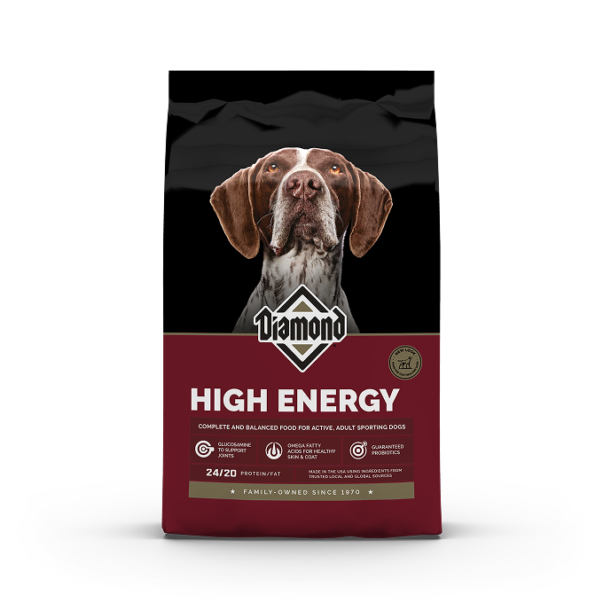 The front of a bag of Diamond High Energy Formula for dogs.