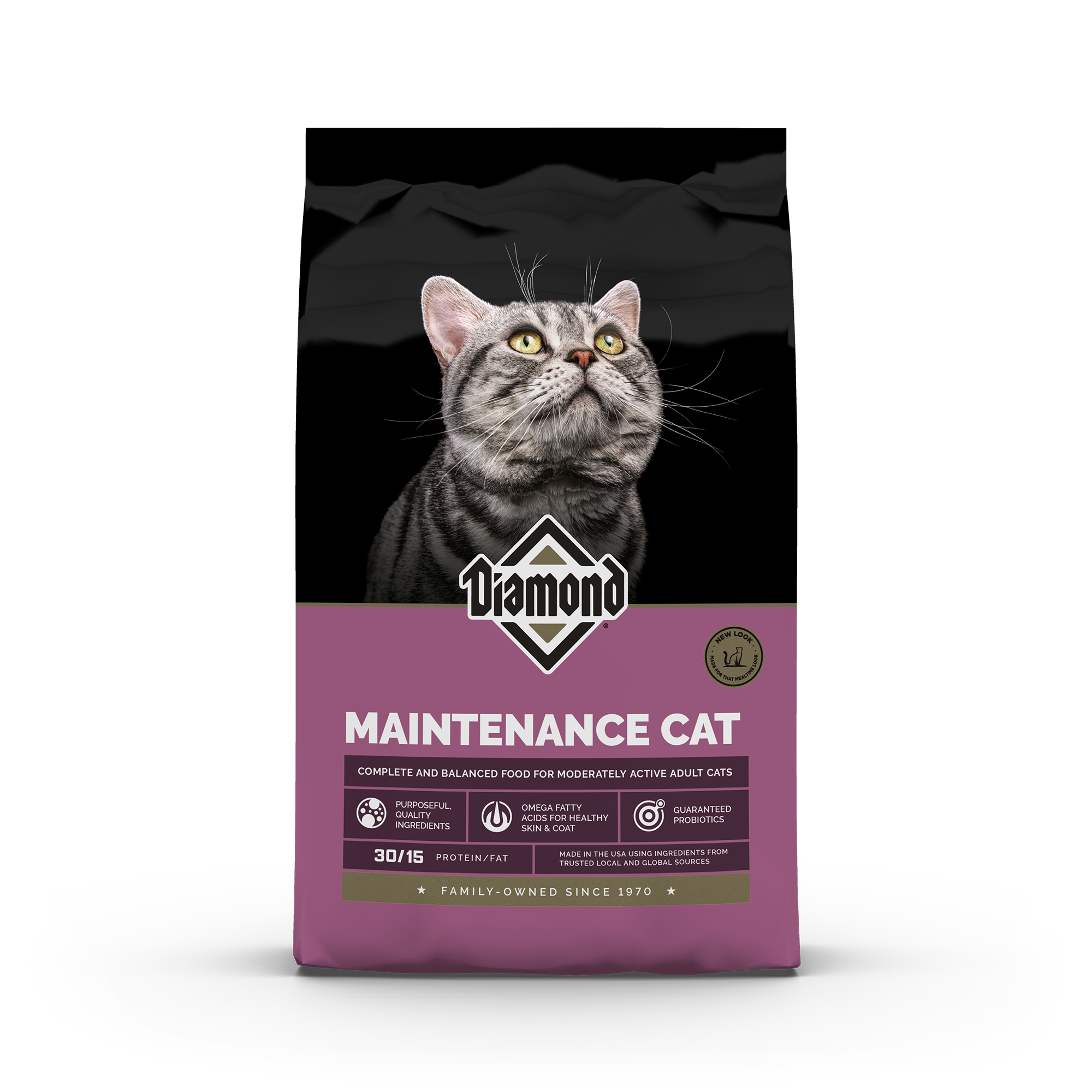 The front of a bag of Diamond Maintenance Cat Formula.