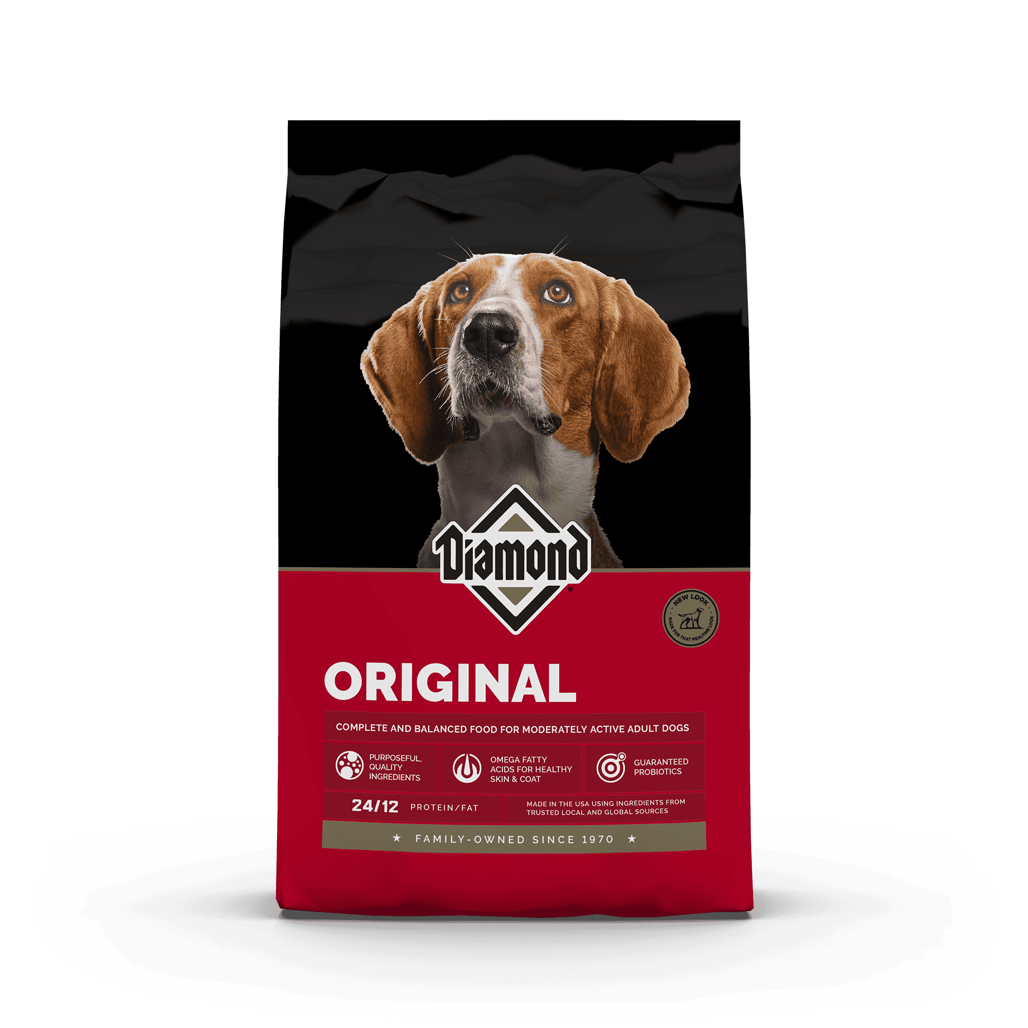 The front of a bag of Diamond Original Formula for dogs.
