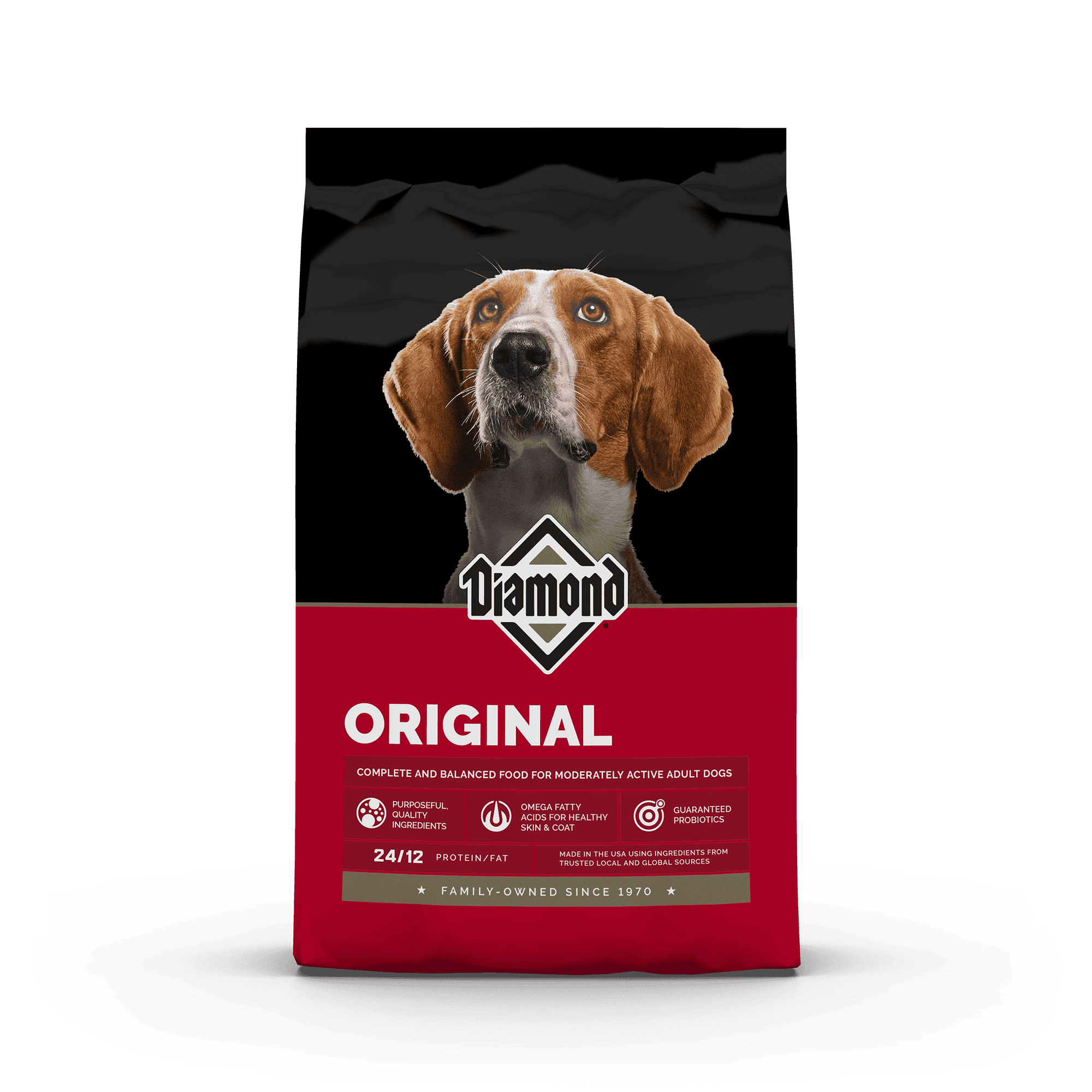 The front of a bag of Diamond Original Formula for dogs.