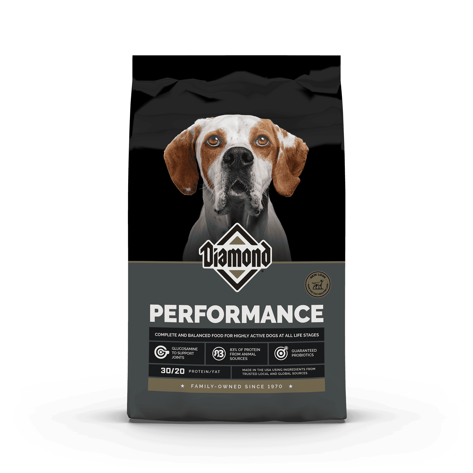 The front of a bag of Diamond Performance Formula for dogs.