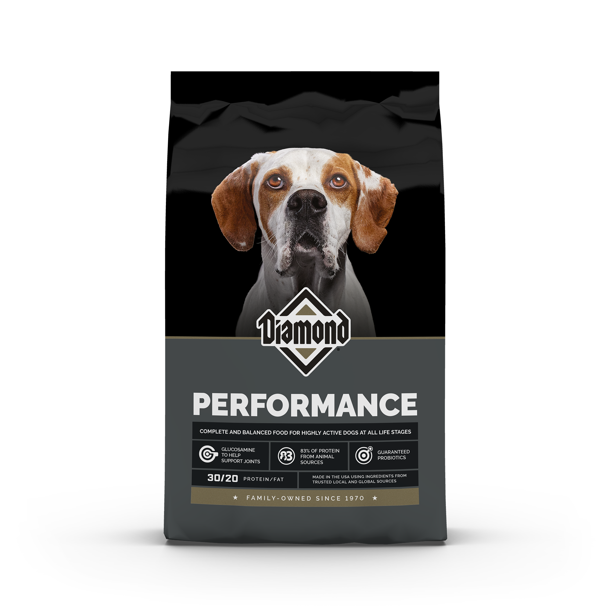 The front of a bag of Diamond Performance Formula for dogs.