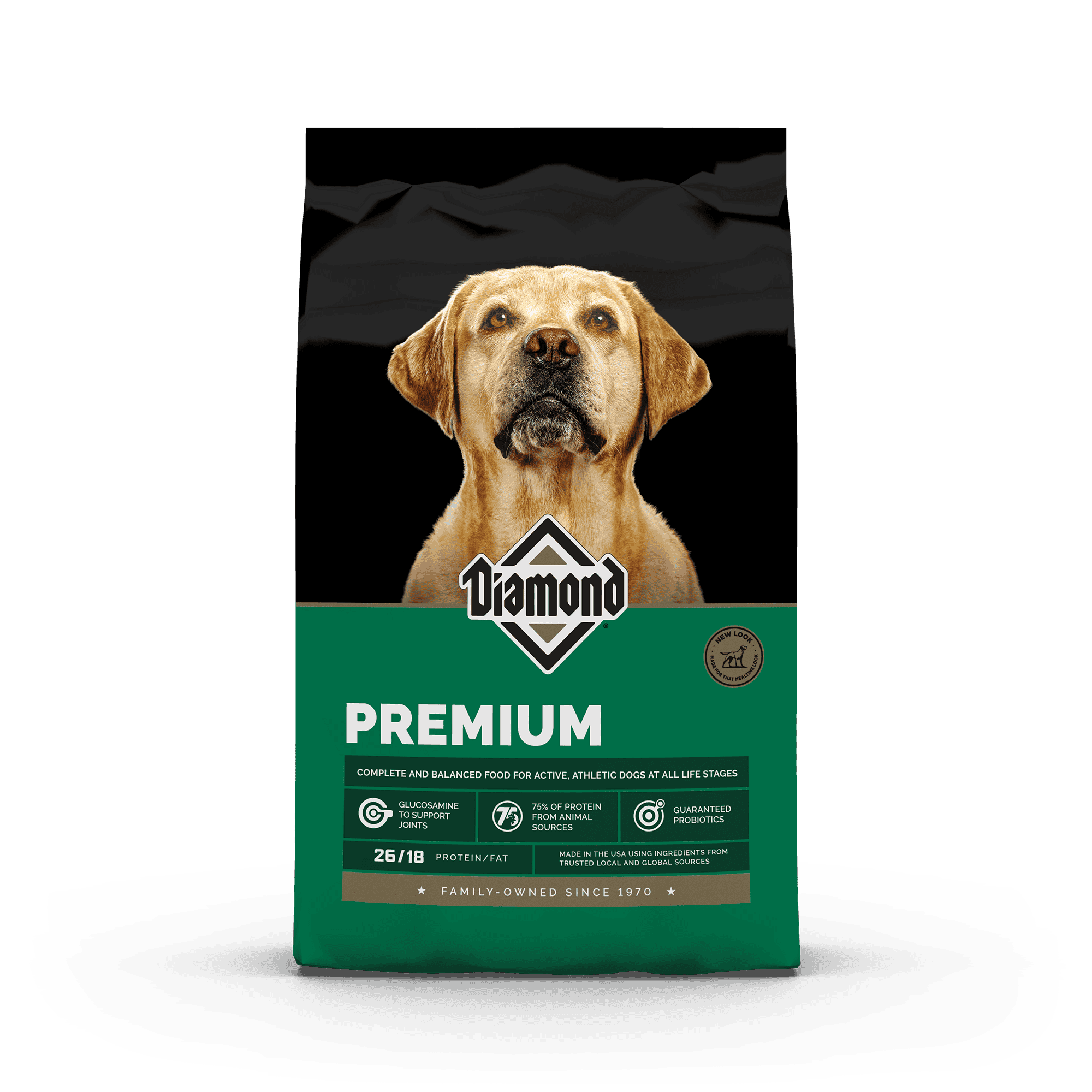 The front of a bag of Diamond Premium Formula for dogs.