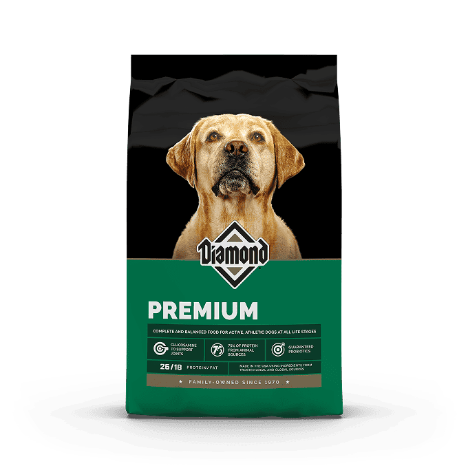 The front of a bag of Diamond Premium Formula for dogs.