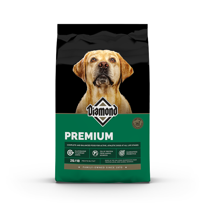 The front of a bag of Diamond Premium Formula for dogs.