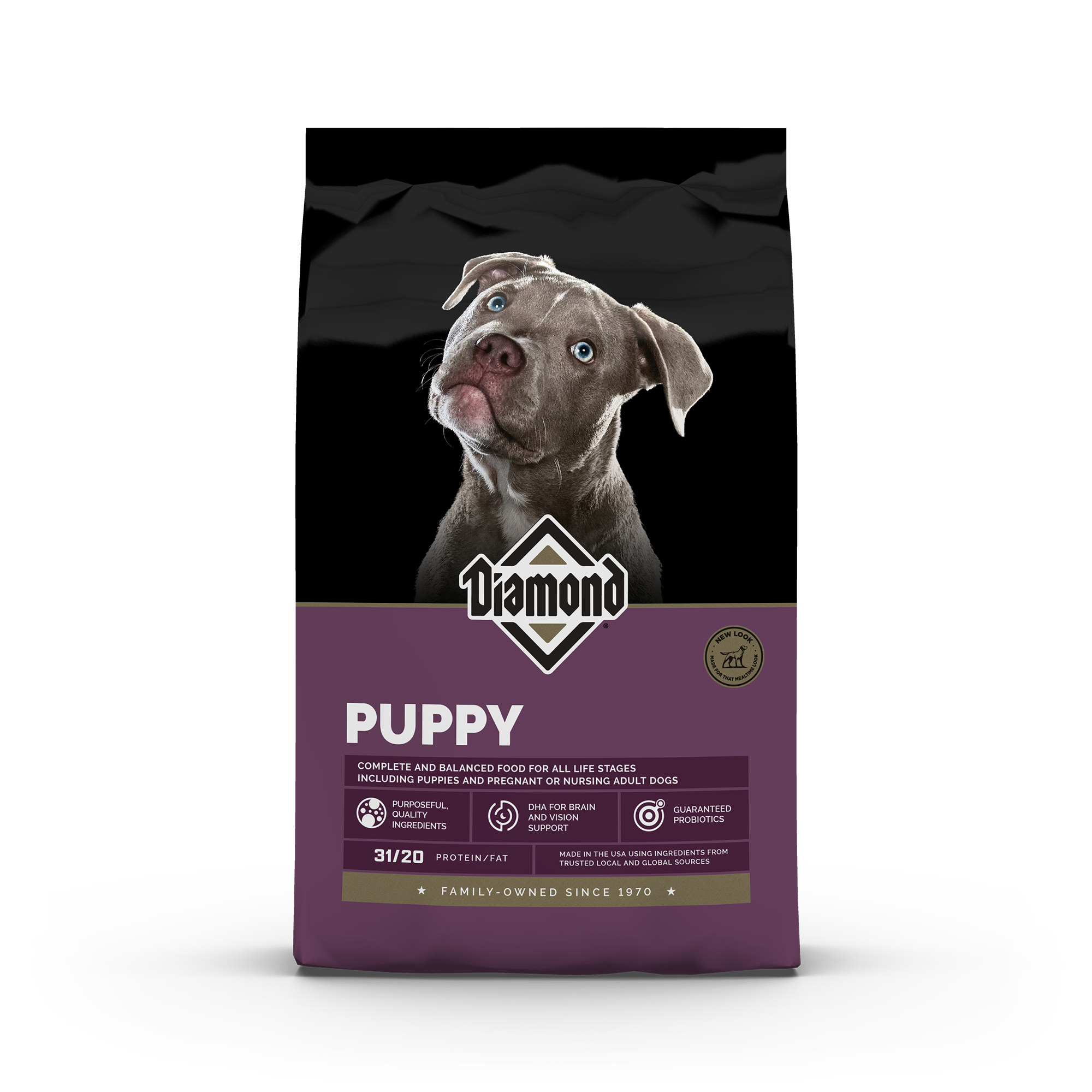 The front of a bag of Diamond Puppy Formula.