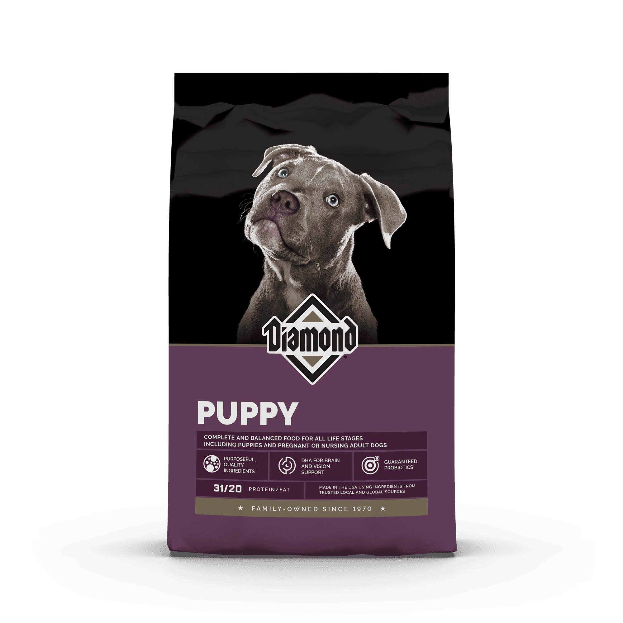 The front of a bag of Diamond Puppy Formula.