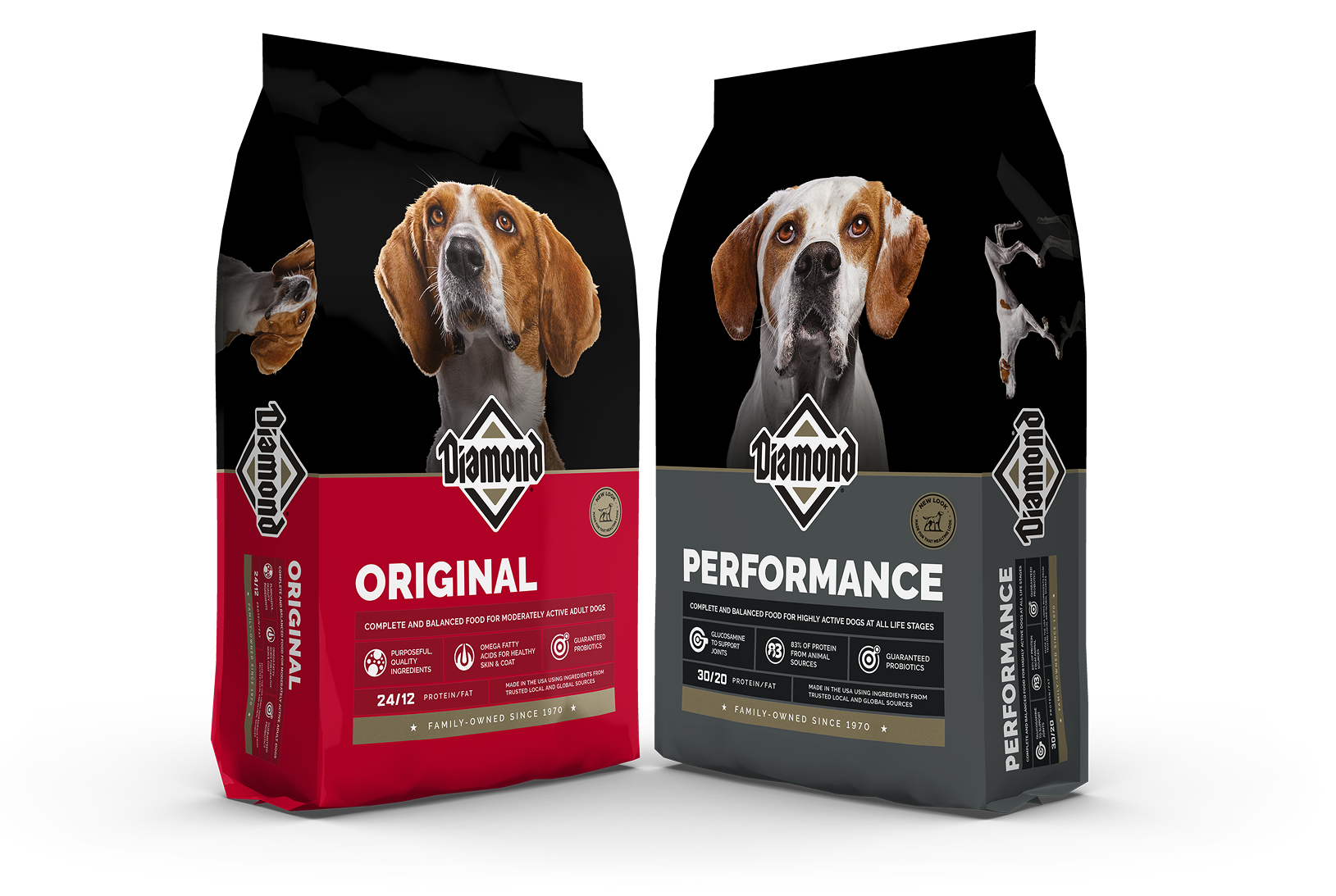 The front and side view of a bag of Diamond Original formula and a bag of Diamond Performance formula.