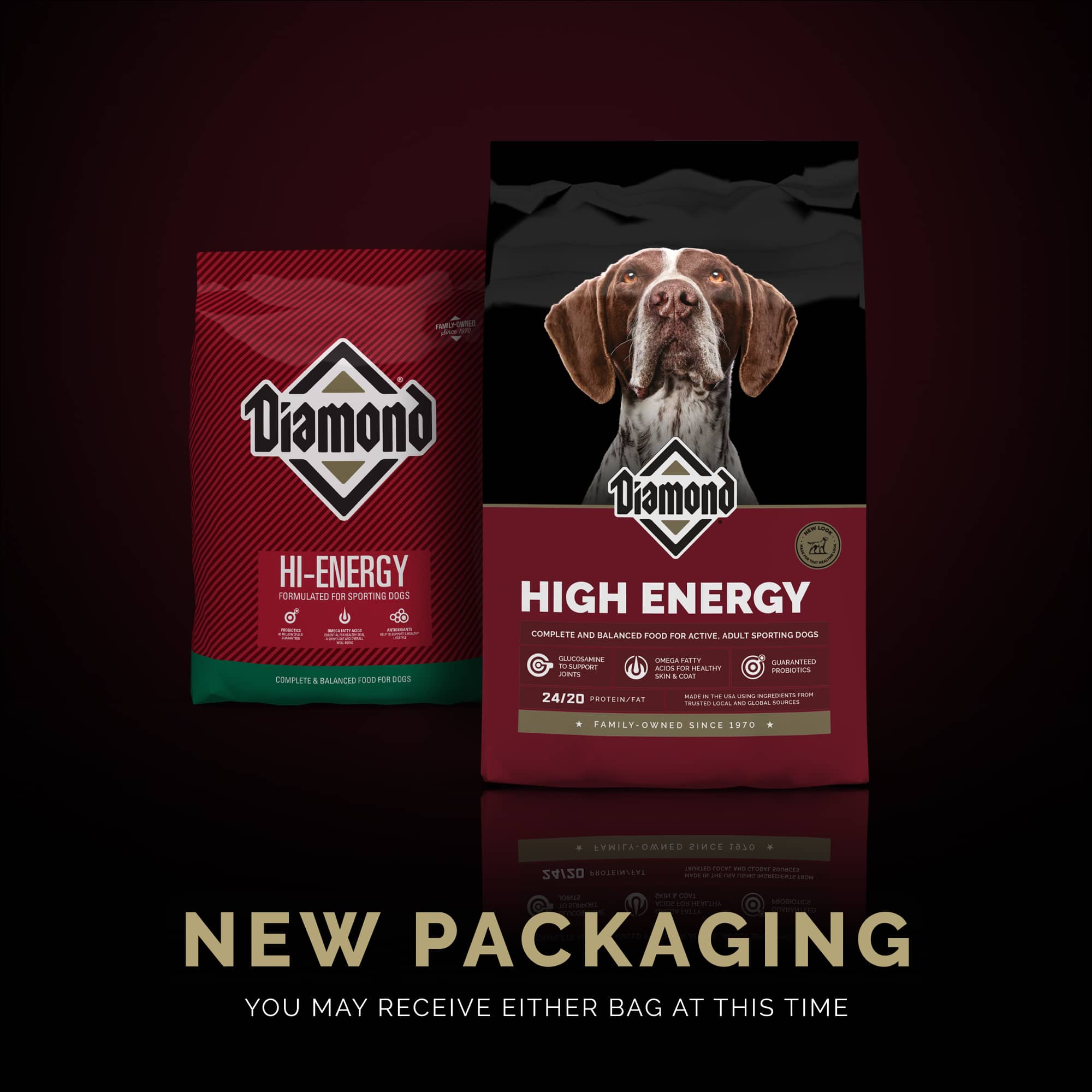 The new bag design of Diamond High Energy formula sitting in front of the old bag design of Diamond Hi-Energy formula.