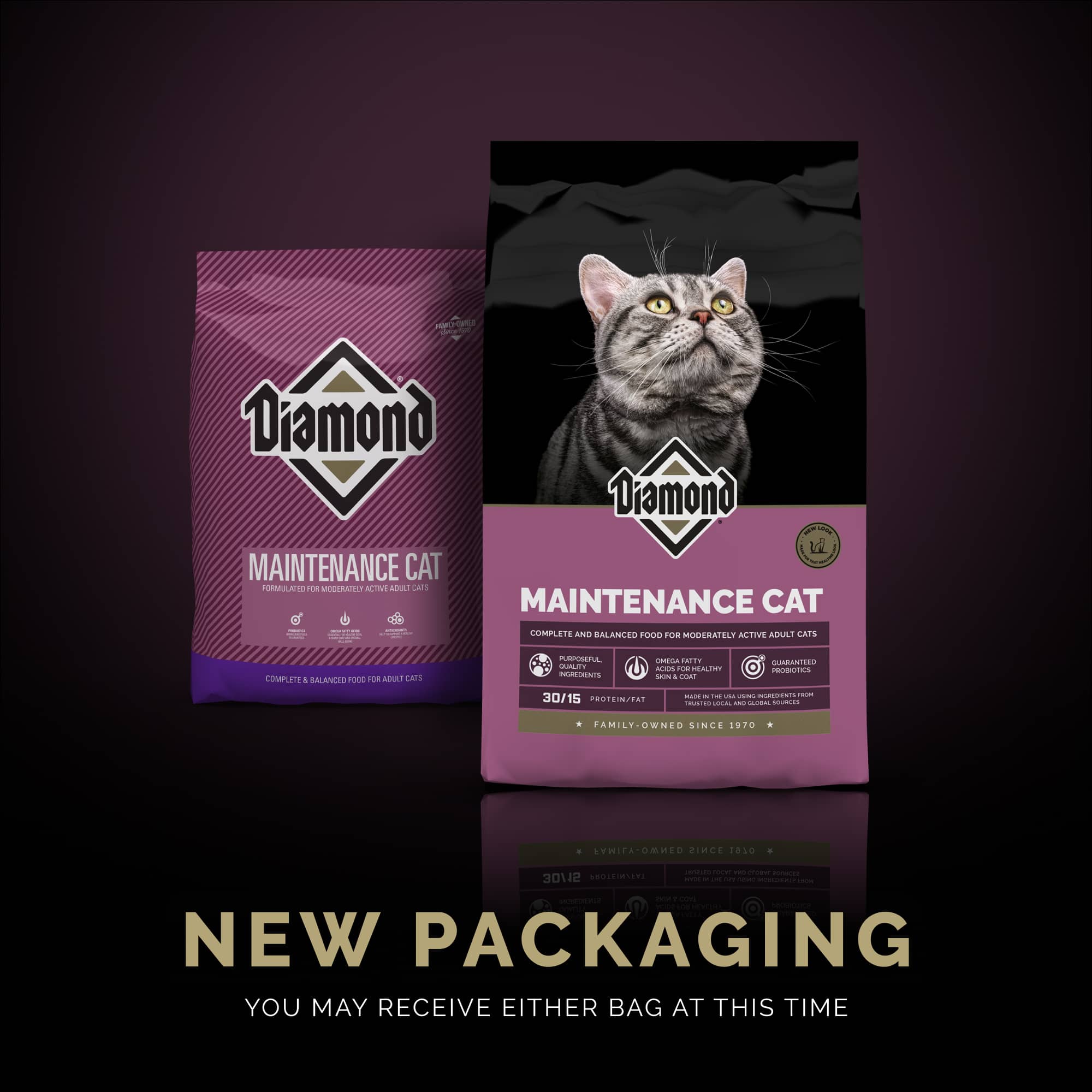 The new bag design of Diamond Maintenance Cat formula sitting in front of the old bag design of Diamond Maintenance Cat formula.