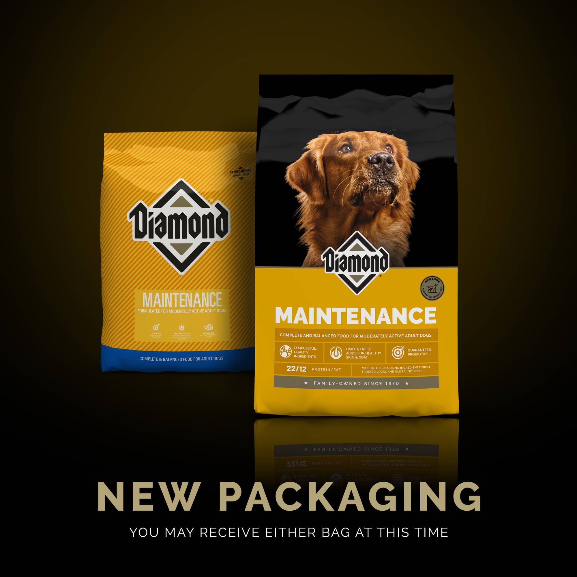 The new bag design of Diamond Maintenance formula sitting in front of the old bag design of Diamond Maintenance formula.