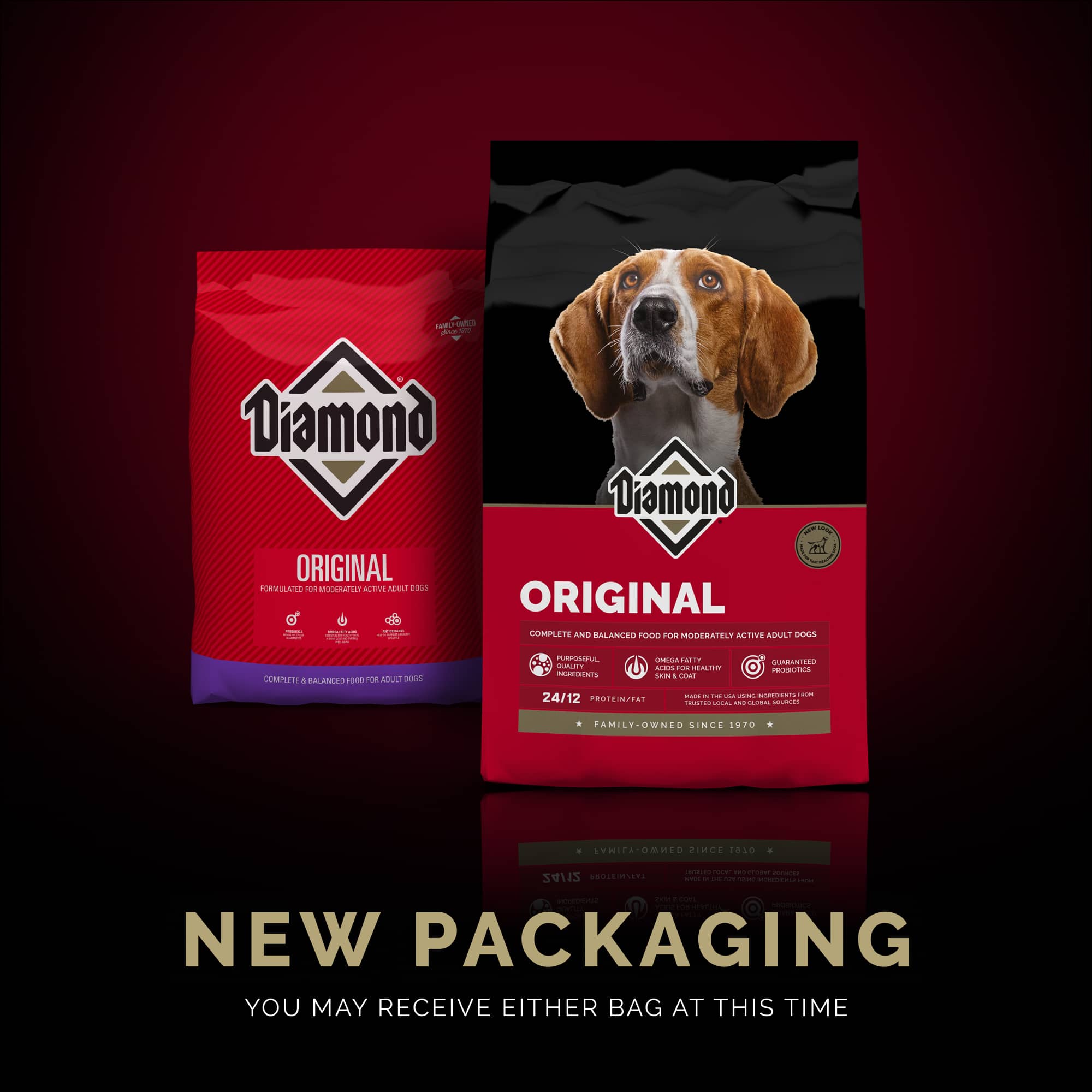 The new bag design of Diamond Original formula sitting in front of the old bag design of Diamond Original formula.