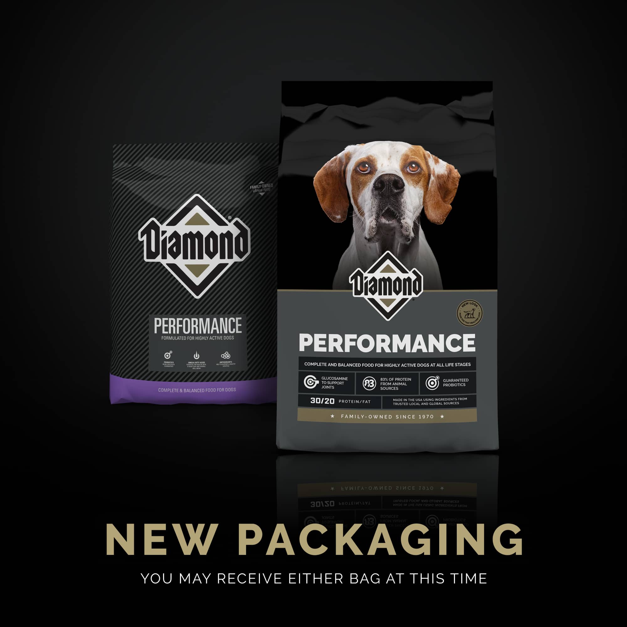 The new bag design of Diamond Performance formula sitting in front of the old bag design of Diamond Performance formula.