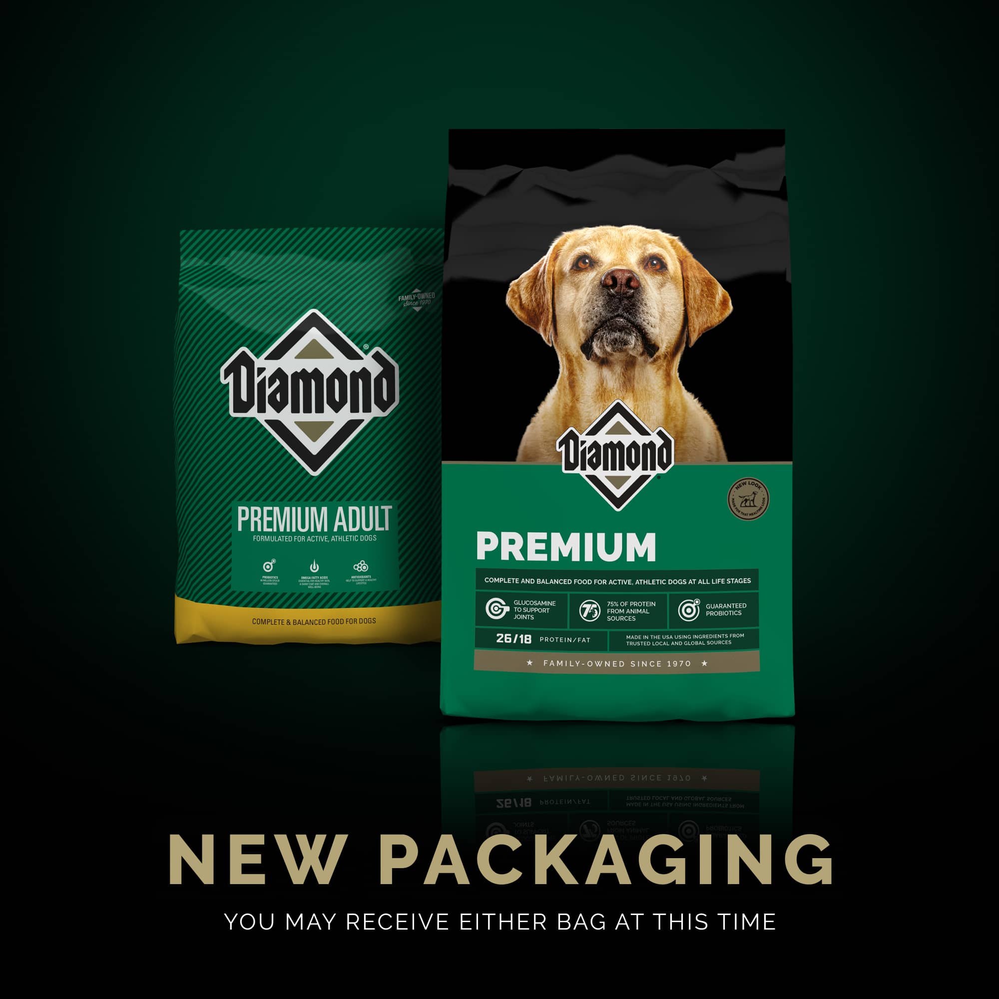 The new bag design of Diamond Premium formula sitting in front of the old bag design of Diamond Premium Adult formula.