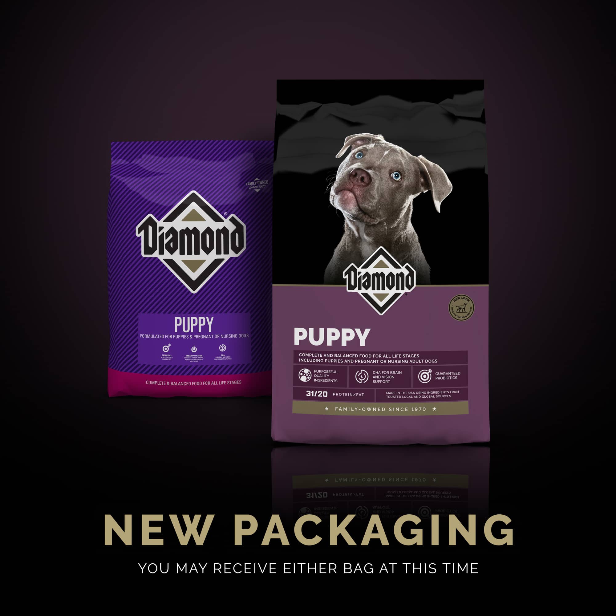 The new bag design of Diamond Puppy formula sitting in front of the old bag design of Diamond Puppy formula.