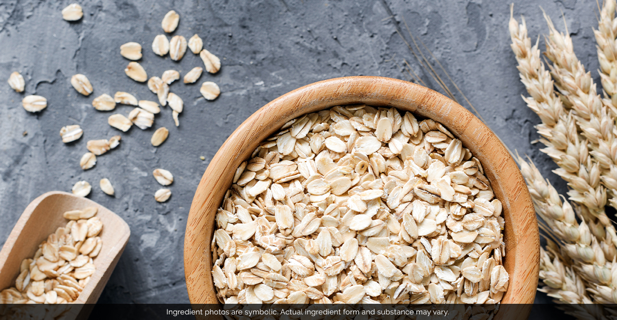 A wooden bowl full of oats and grains lying on a table next to a wooden scoop.