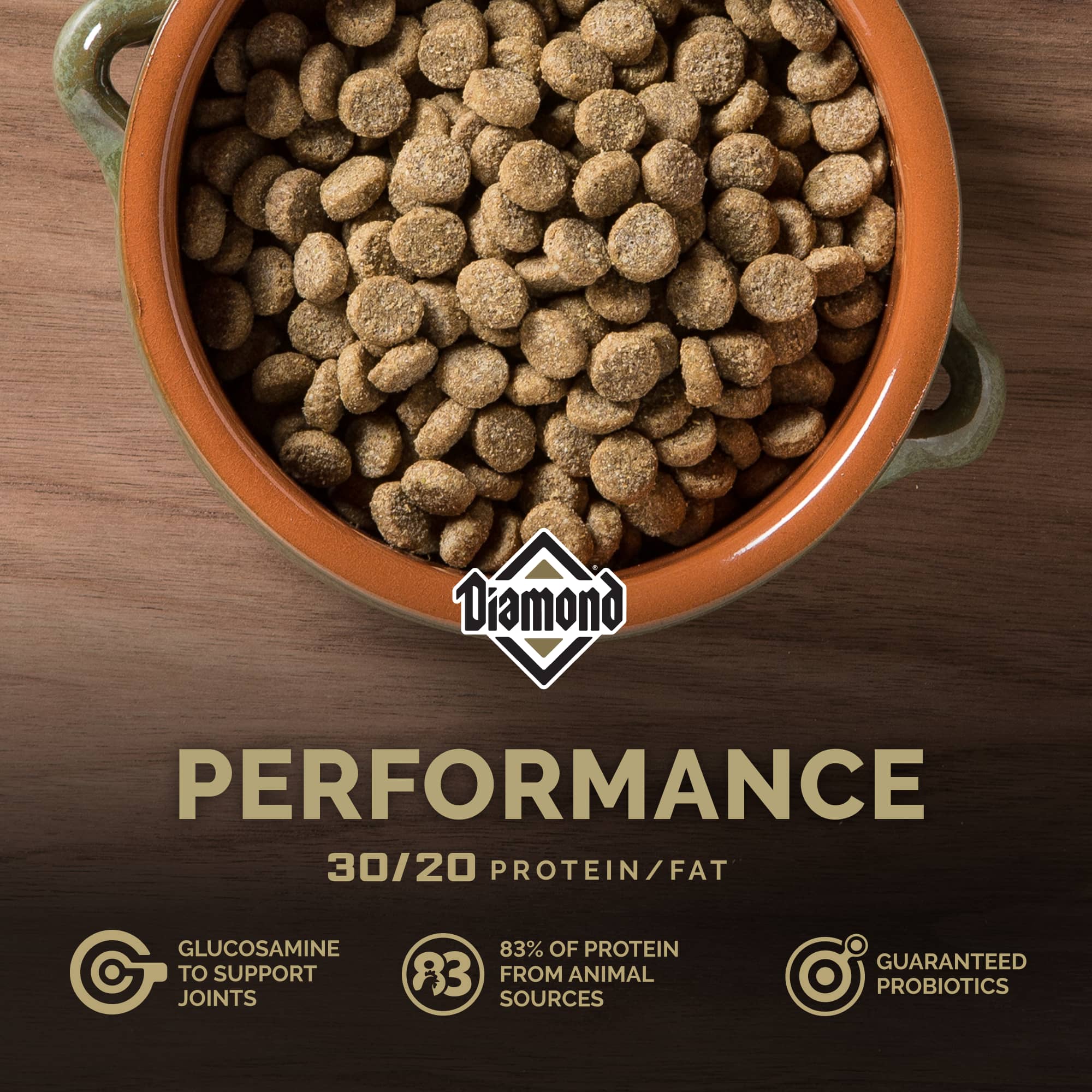 An orange ceramic bowl filled with Diamond Performance kibble.