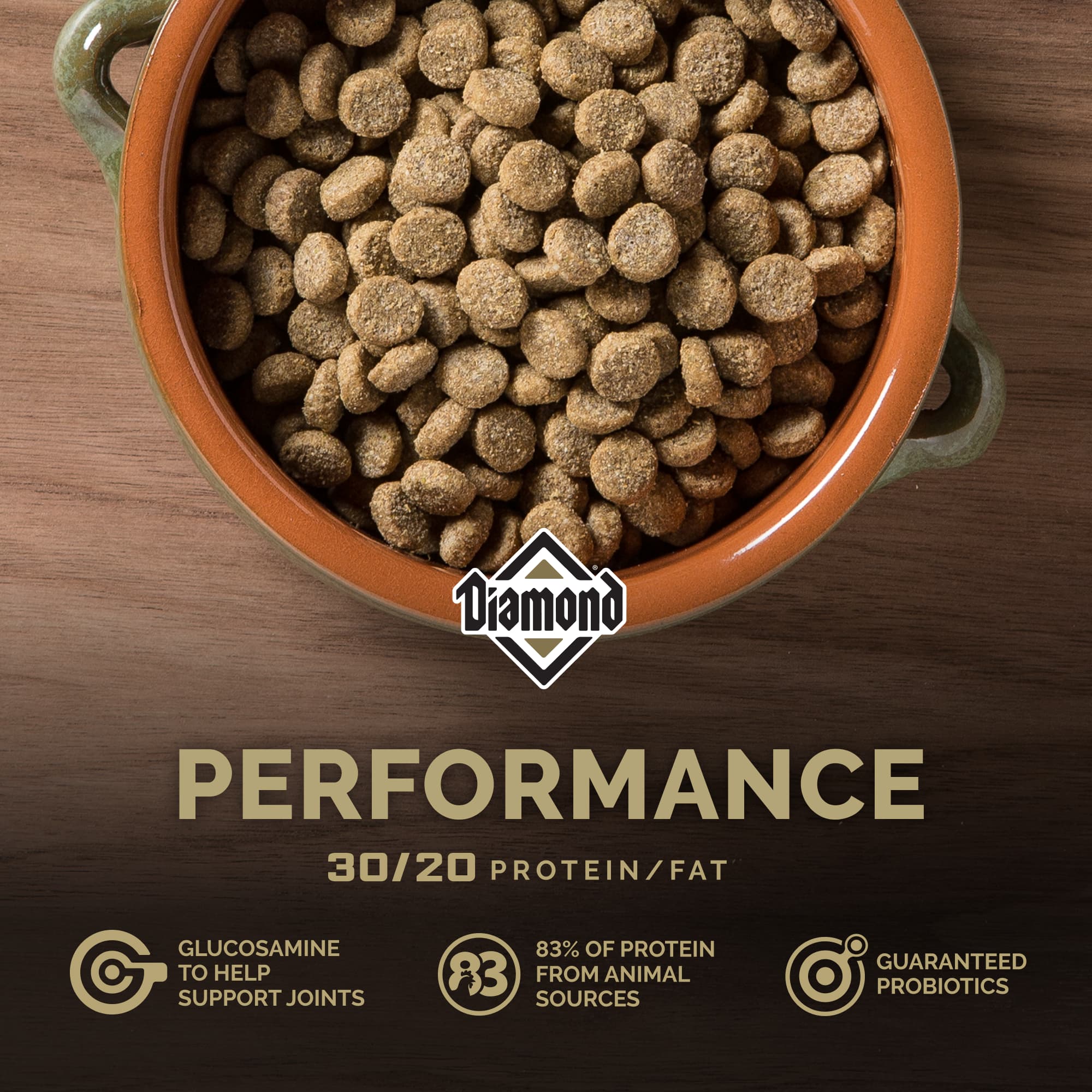 An orange ceramic bowl filled with Diamond Performance kibble.