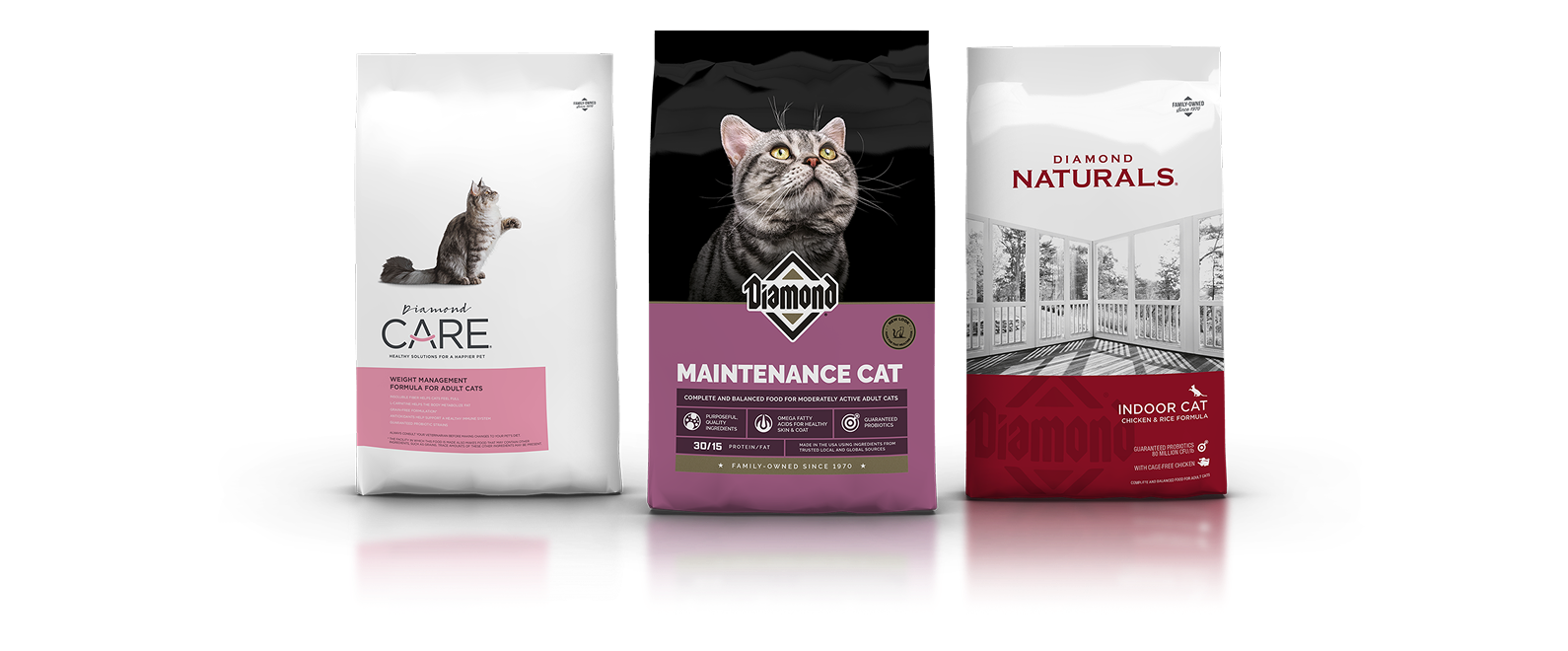 Three different bags of Diamond Pet Foods cat food formulas lined up side by side.