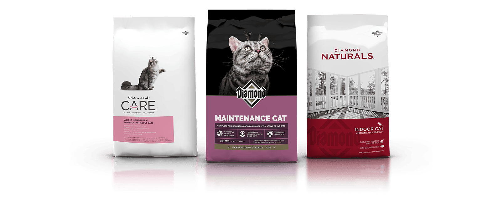 Three different bags of Diamond Pet Foods cat food formulas lined up side by side.