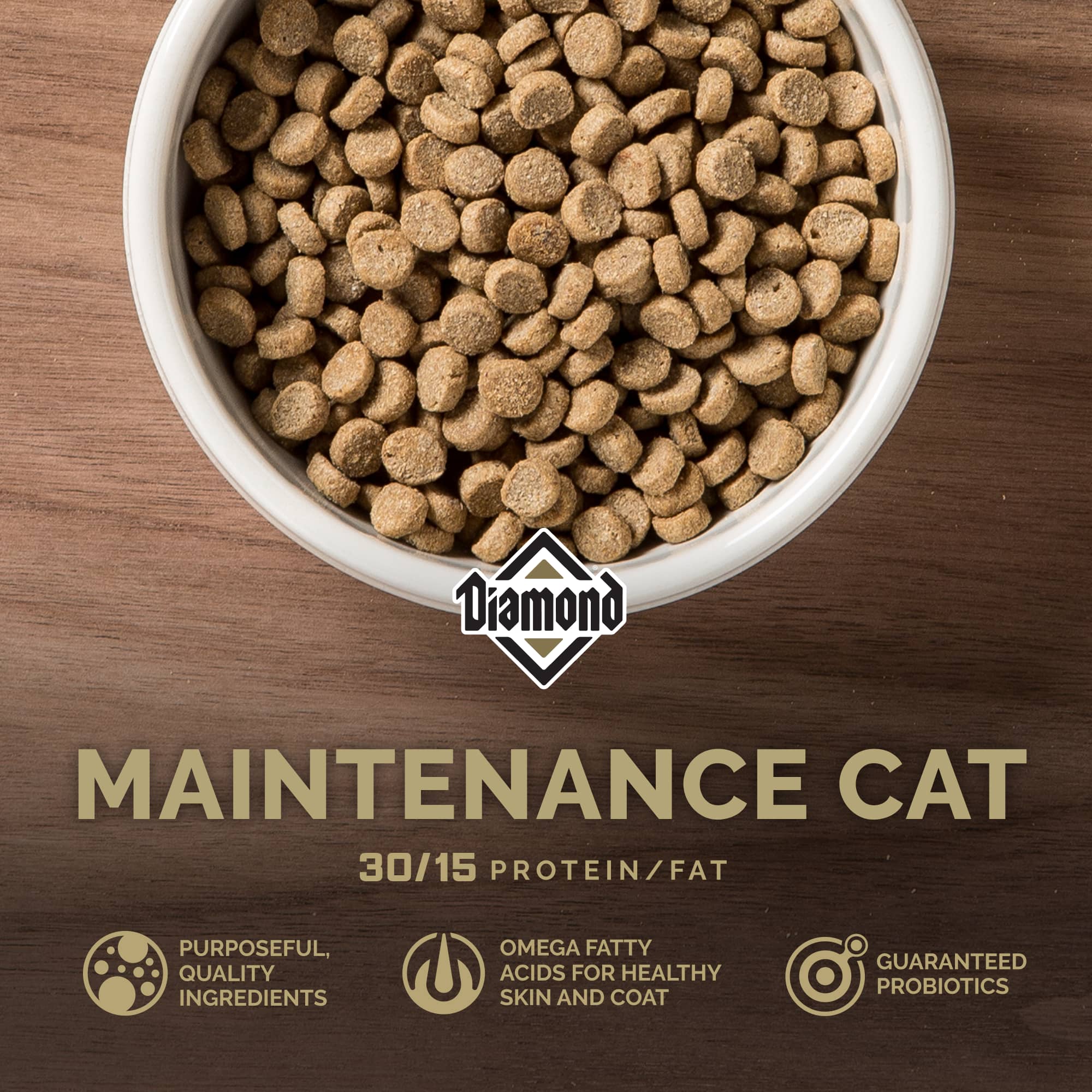 A white ceramic bowl filled with Diamond Maintenance Cat kibble.