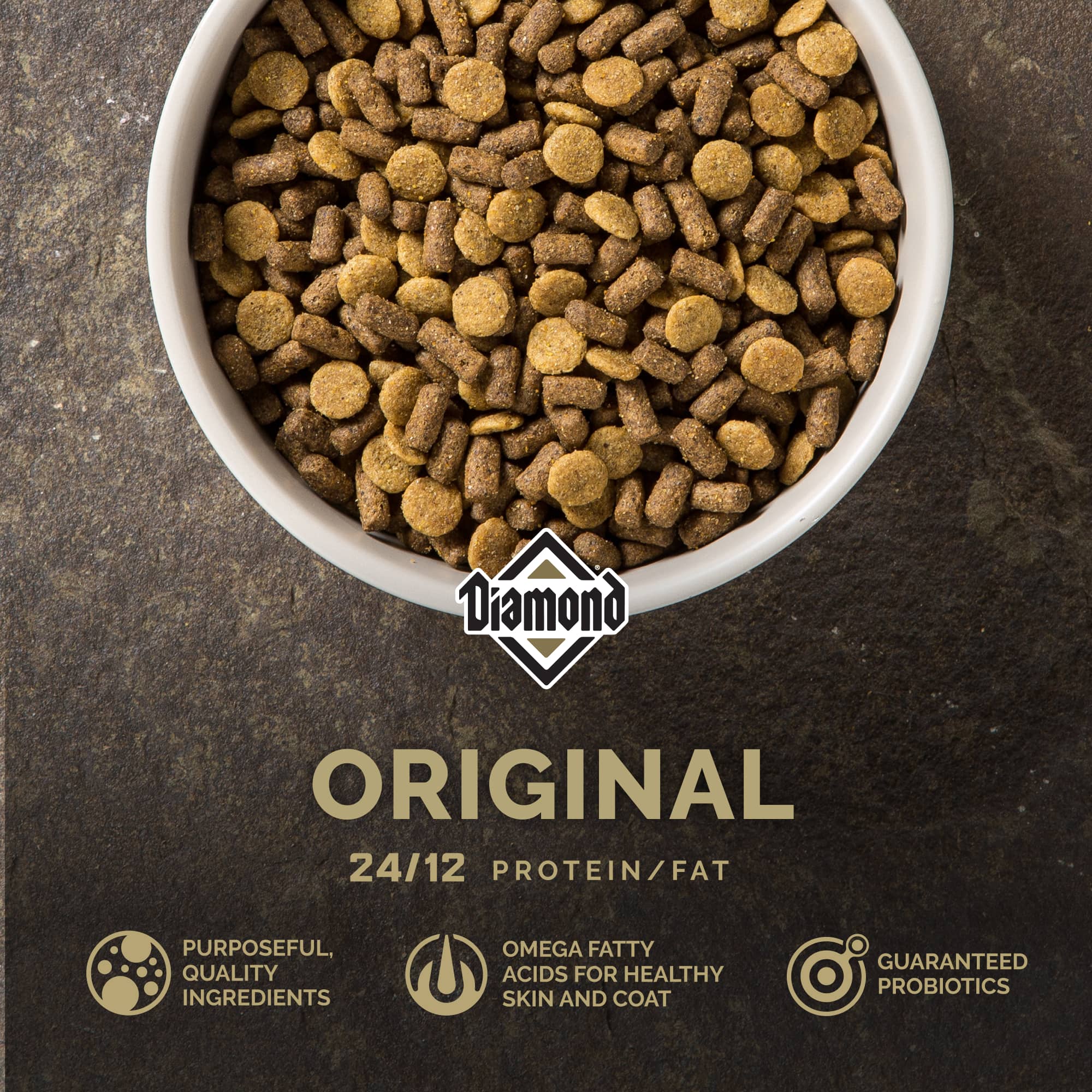 A white ceramic bowl filled with Diamond Original kibble.