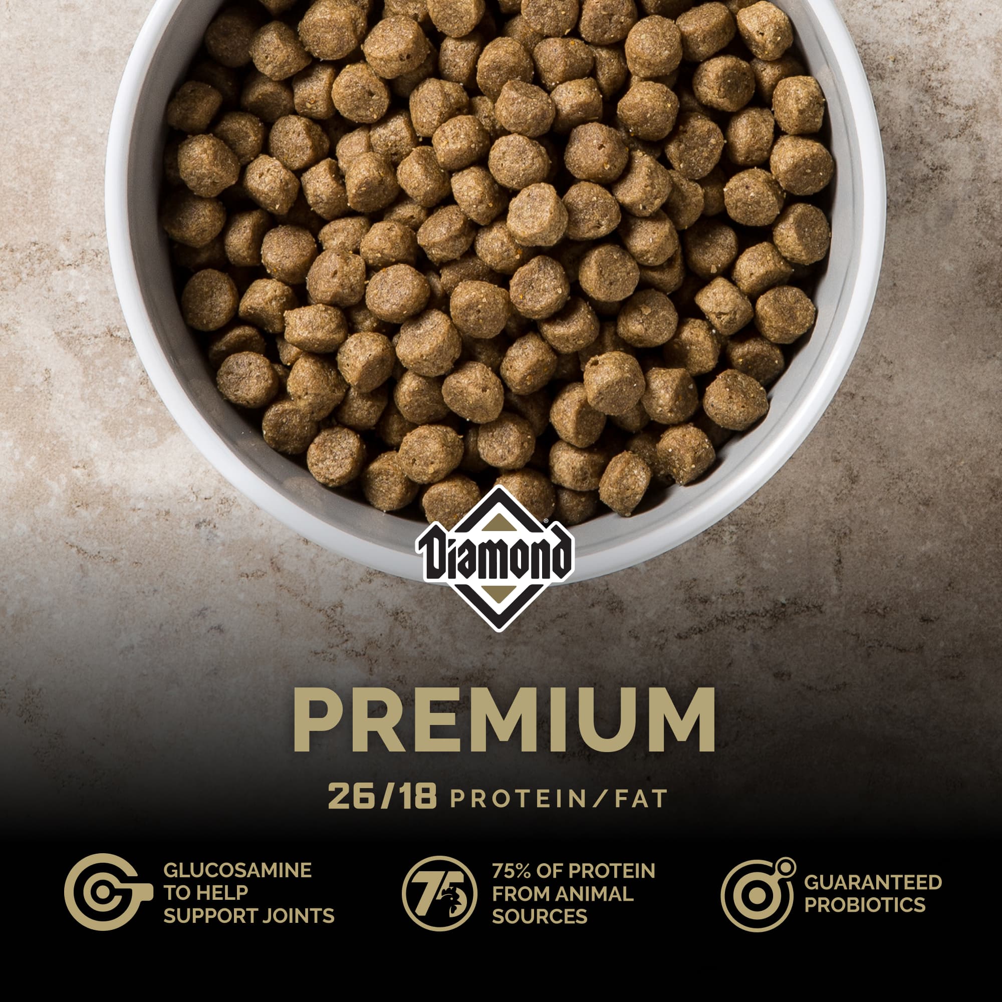 A white ceramic bowl filled with Diamond Premium kibble.