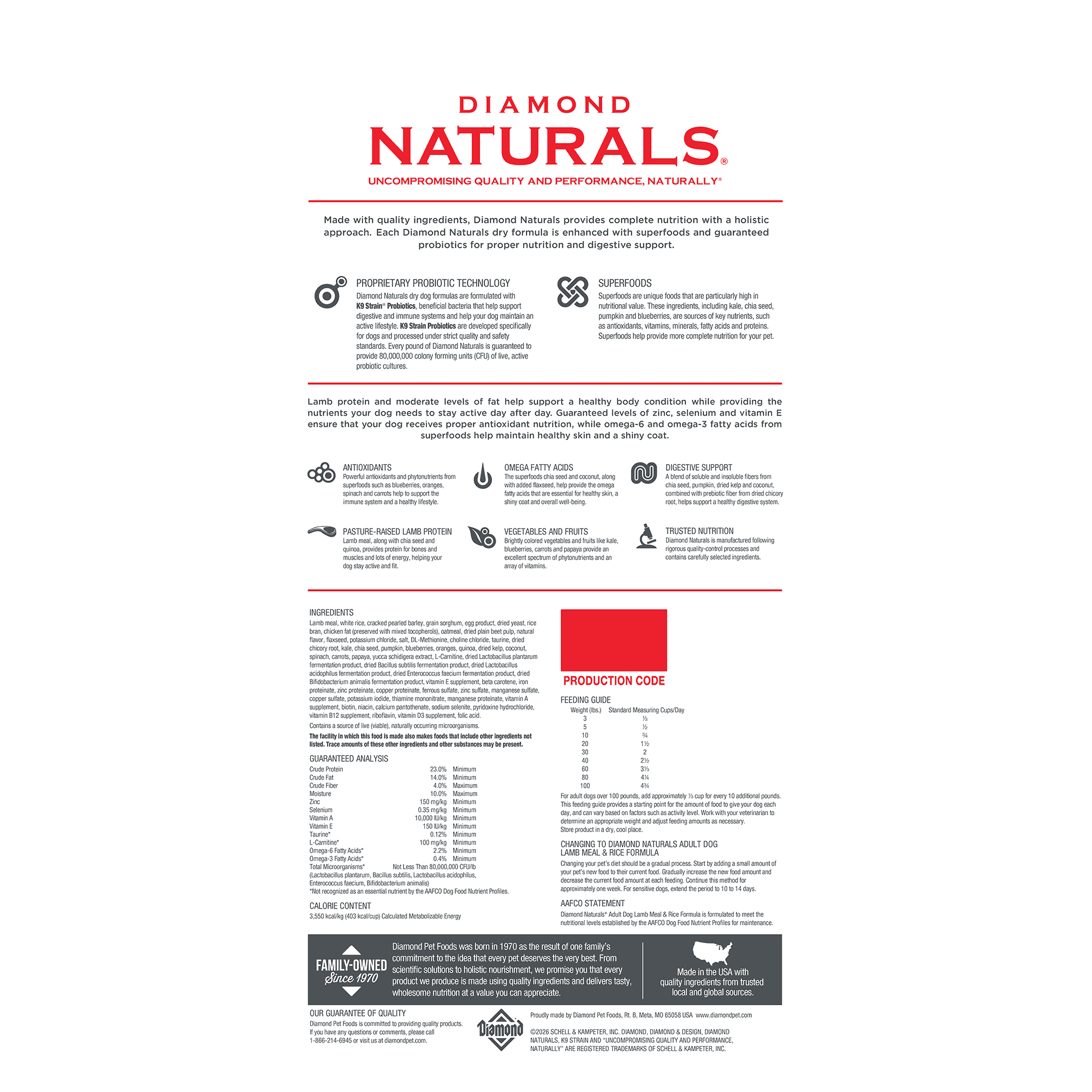 The back of a bag of Diamond Naturals Adult Dog Lamb Meal & Rice Formula.