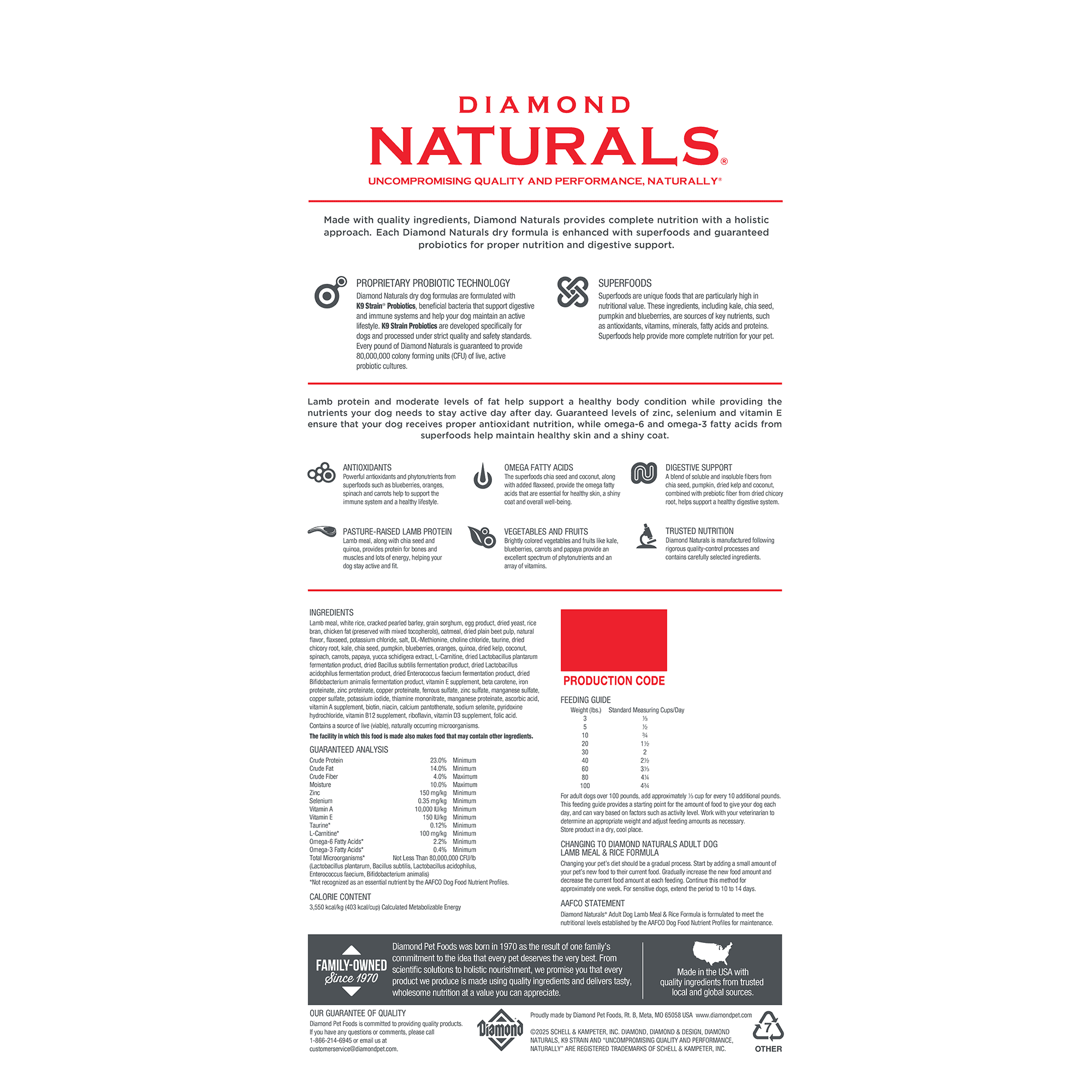 The back of a bag of Diamond Naturals Adult Dog Lamb Meal & Rice Formula.