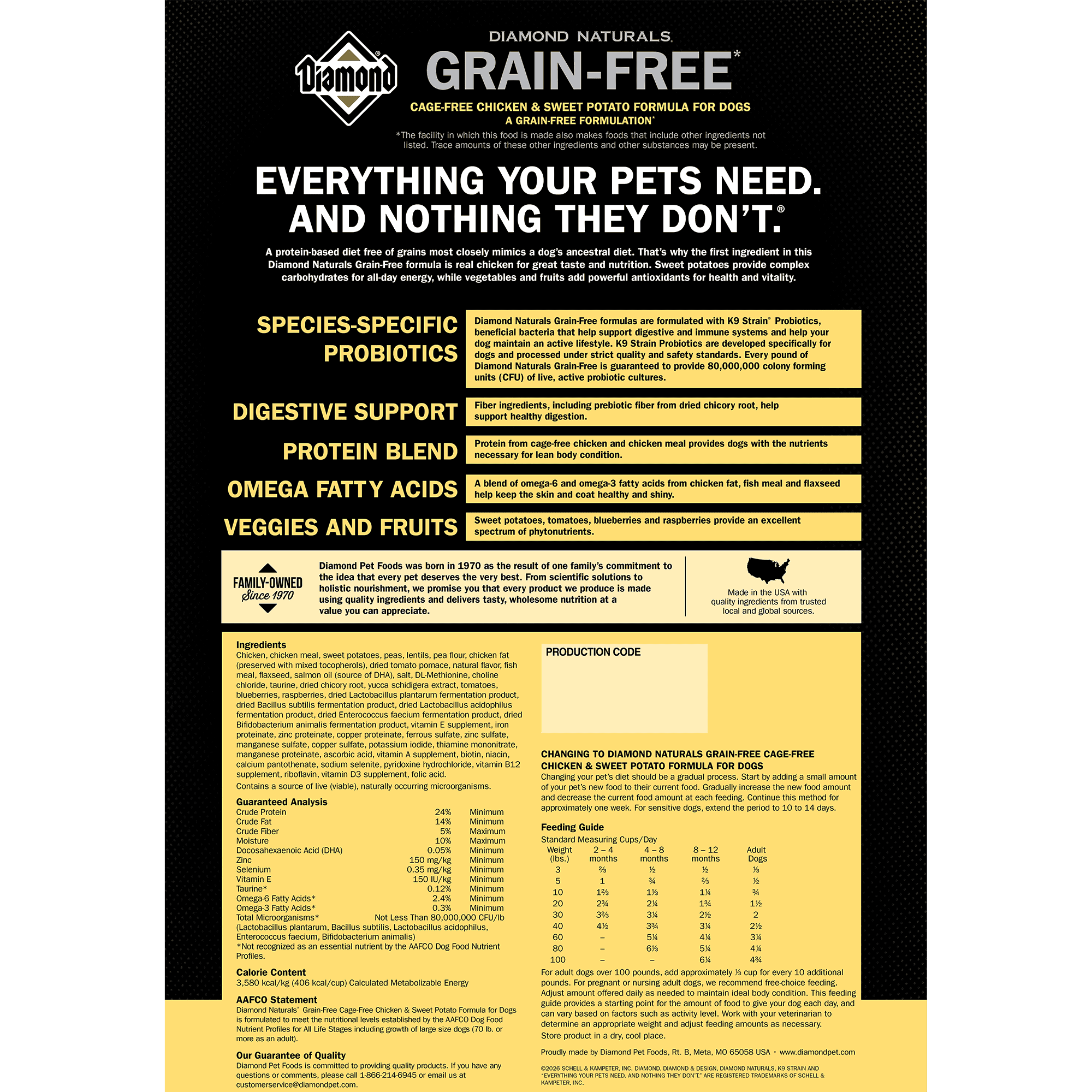 The back of a bag of Diamond Naturals Grain-Free Cage-Free Chicken & Sweet Potato Formula for Dogs.