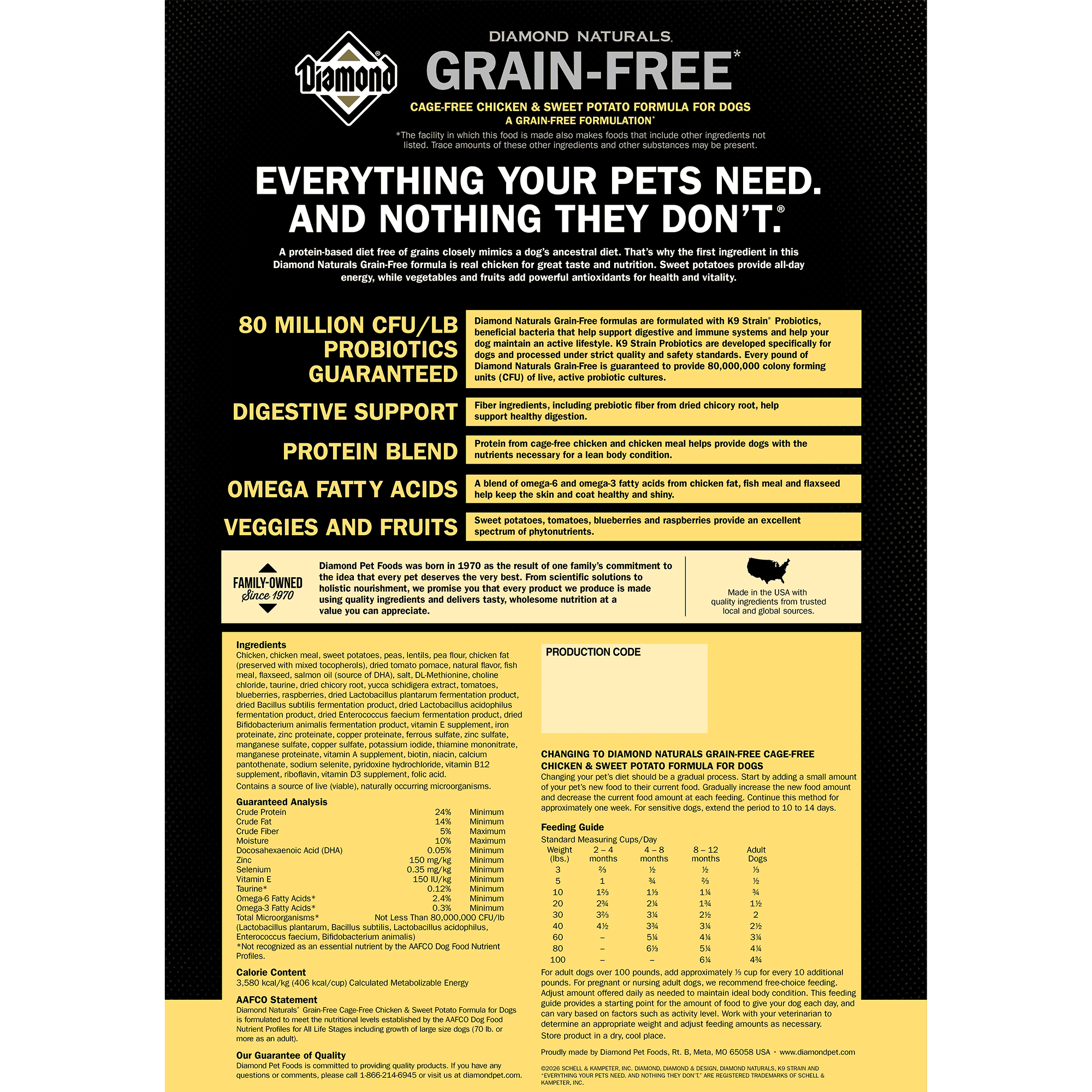 The back of a bag of Diamond Naturals Grain-Free Cage-Free Chicken & Sweet Potato Formula for Dogs.