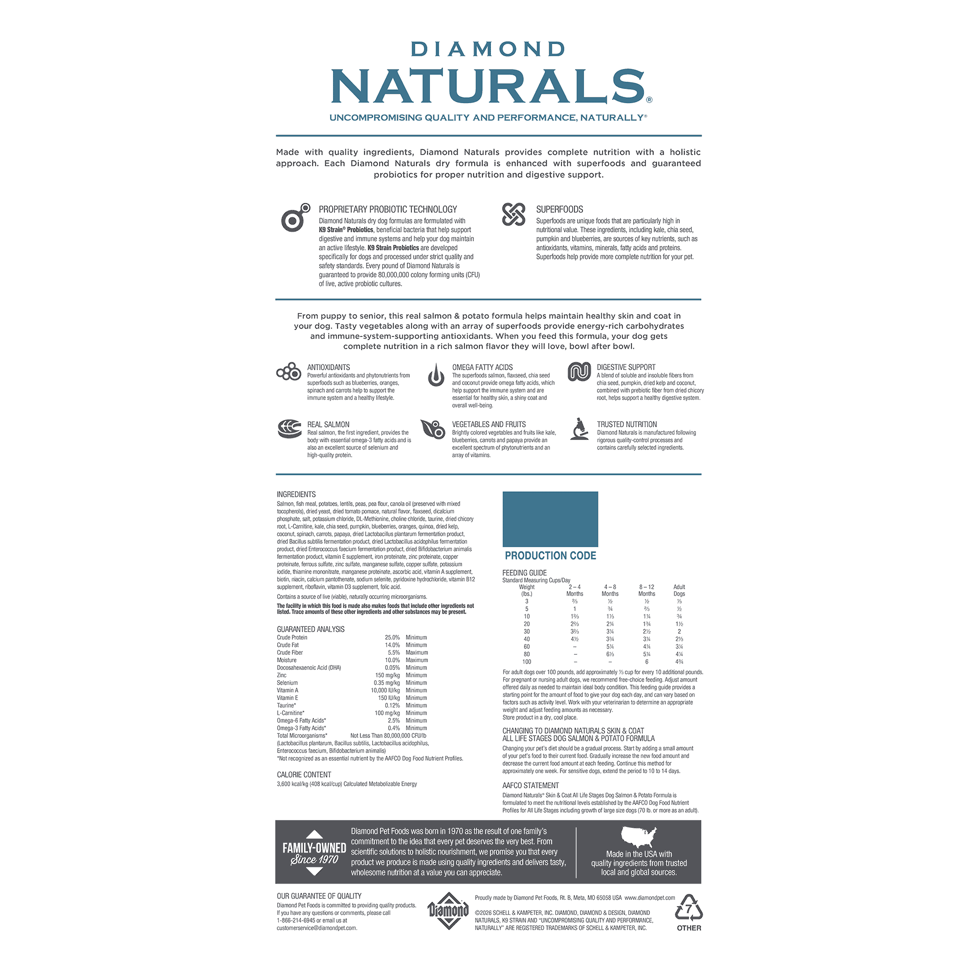 The back of a bag of Diamond Naturals Skin & Coat All Life Stages Dog Salmon & Potato Formula.