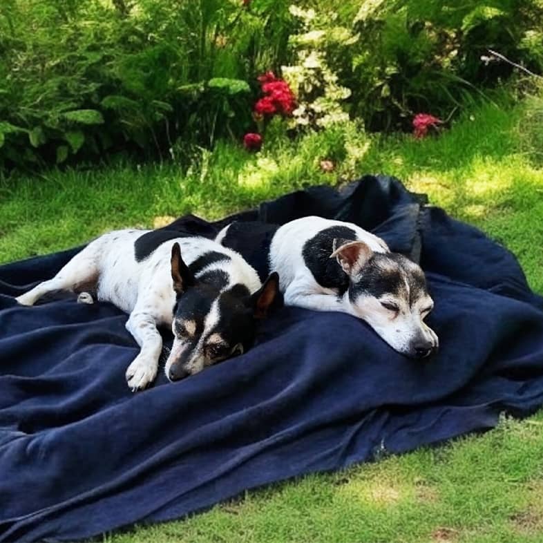 Two rat terrier dogs lying on a large navy blue blanker outside in green grass.