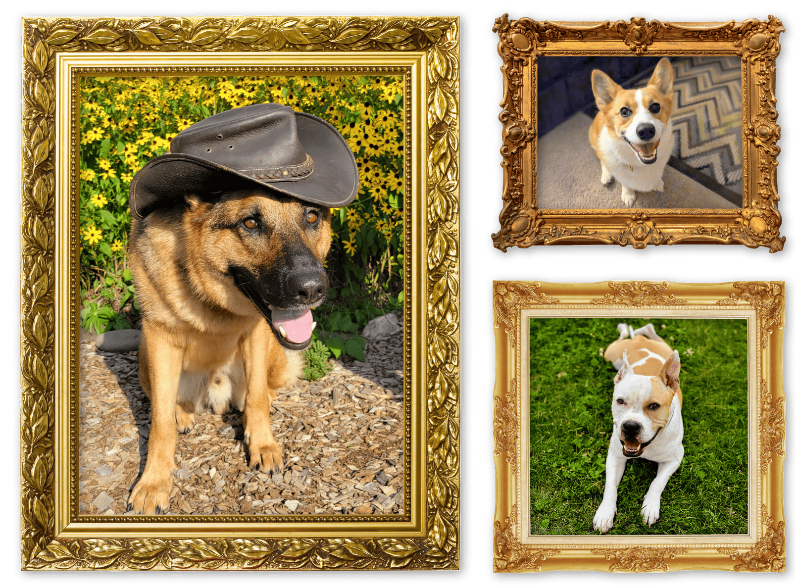 Three dogs in picture frames.