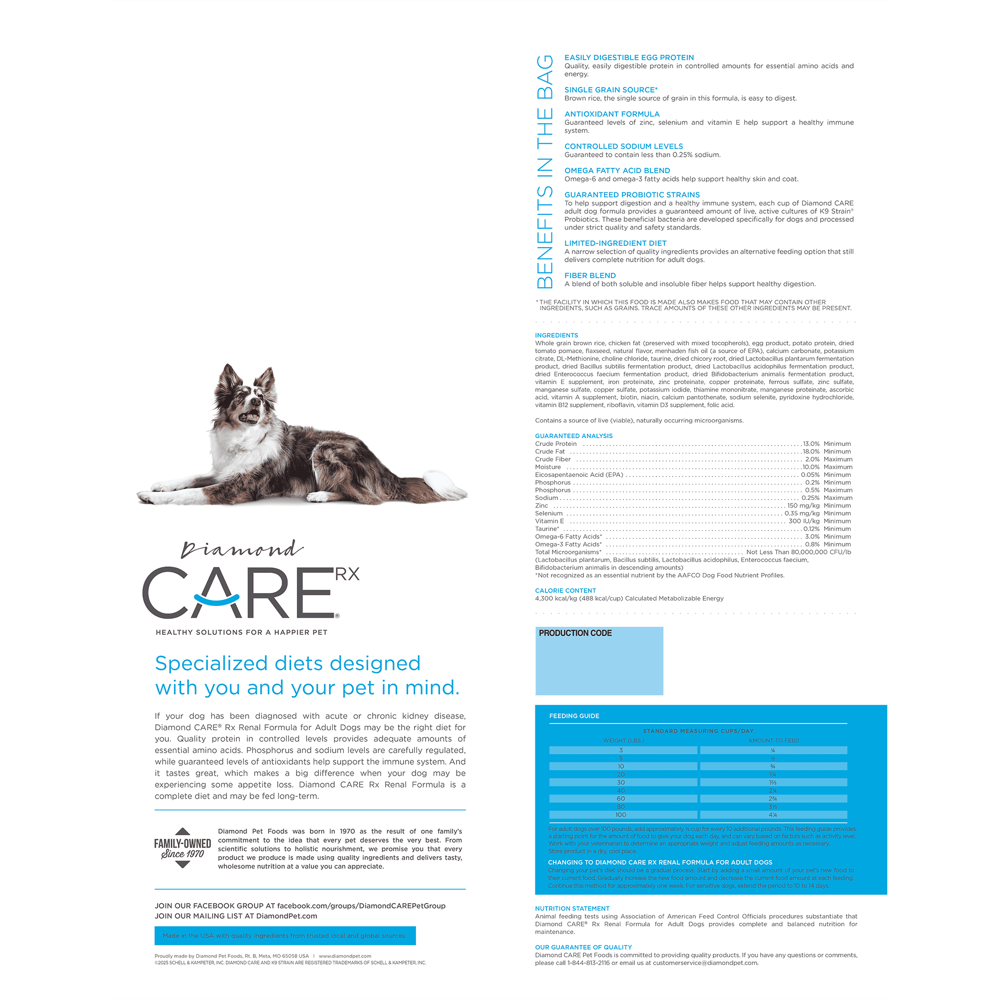 The back of a Diamond CARE Rx Renal Formula for Adult Dogs.