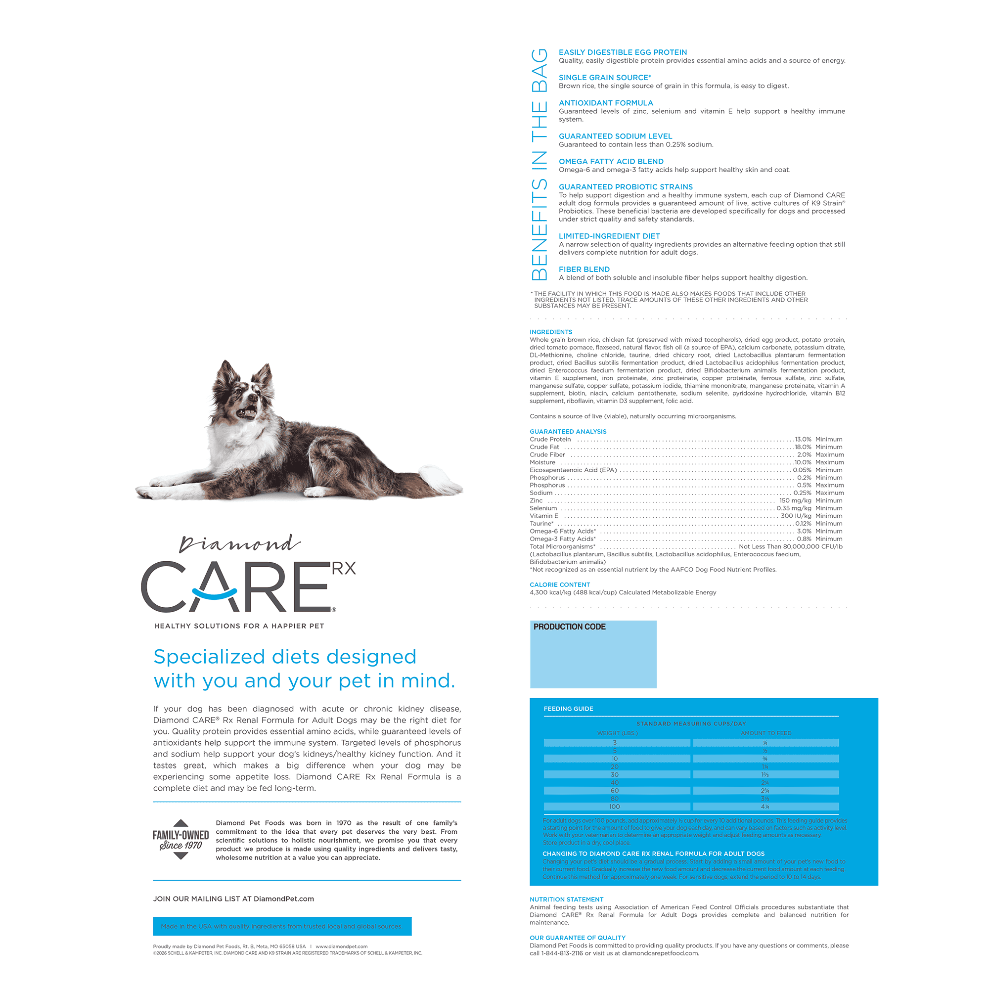 The back of a Diamond CARE Rx Renal Formula for Adult Dogs.